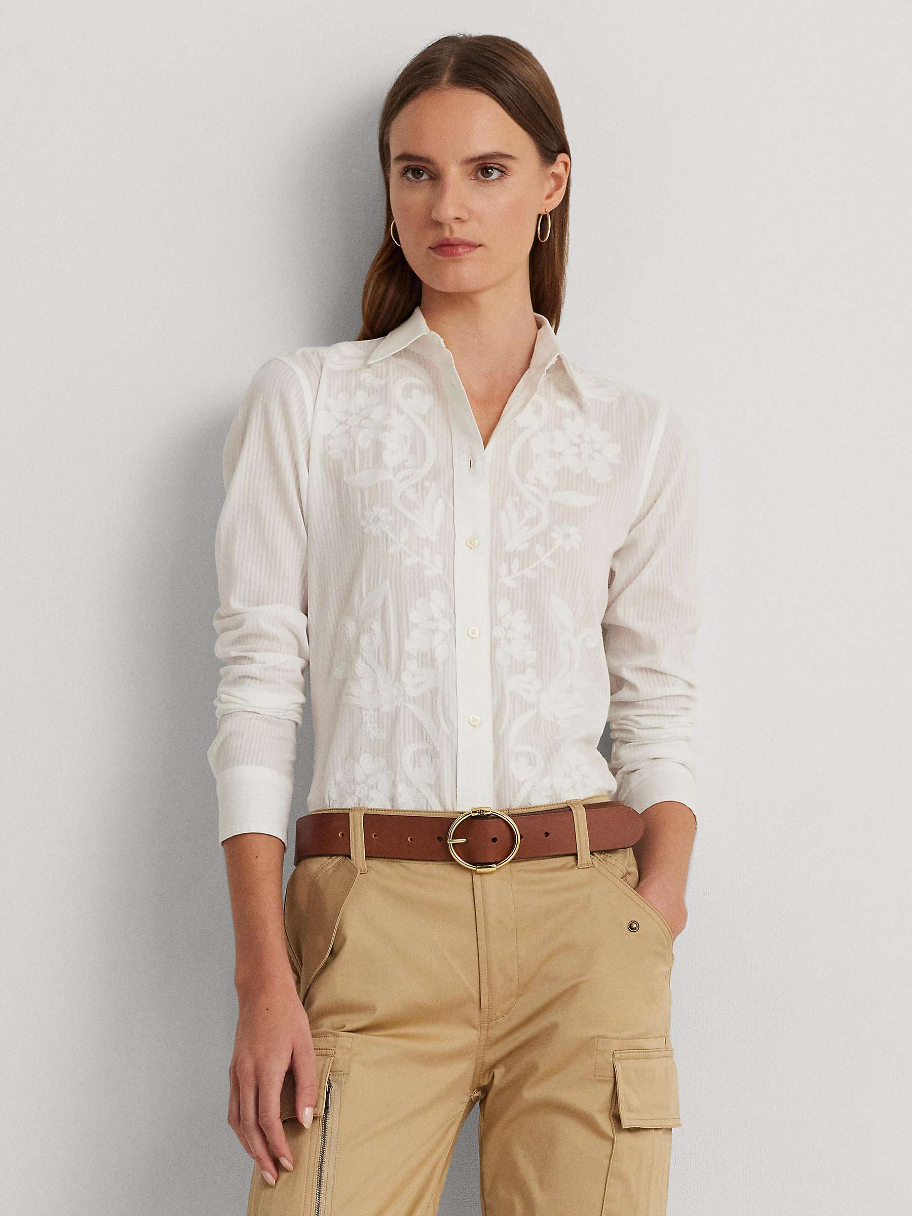 Buy Lauren Ralph Lauren Haitalle Embroidered Shadow Stripe Cotton Shirt, White Online at johnlewis.com
