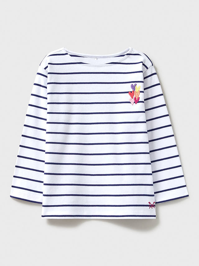 Crew Clothing Kids'  Heart Embroidered Stripe Breton Top, White/Navy