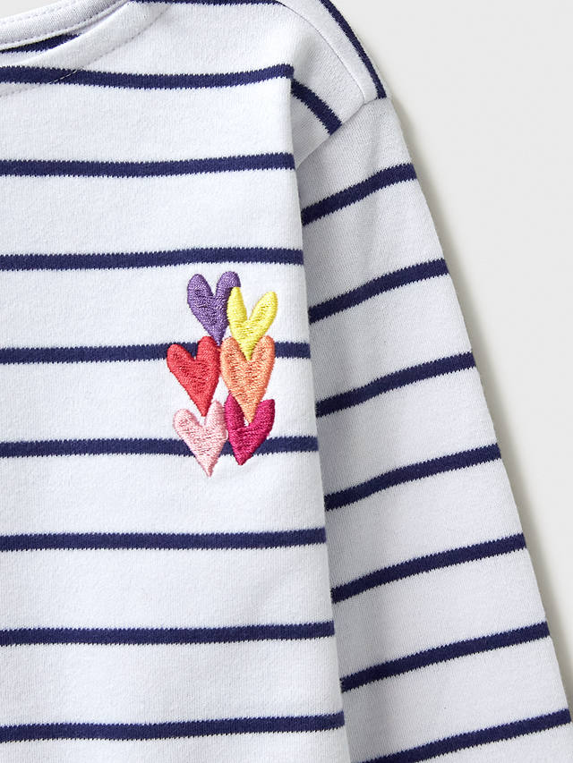Crew Clothing Kids'  Heart Embroidered Stripe Breton Top, White/Navy