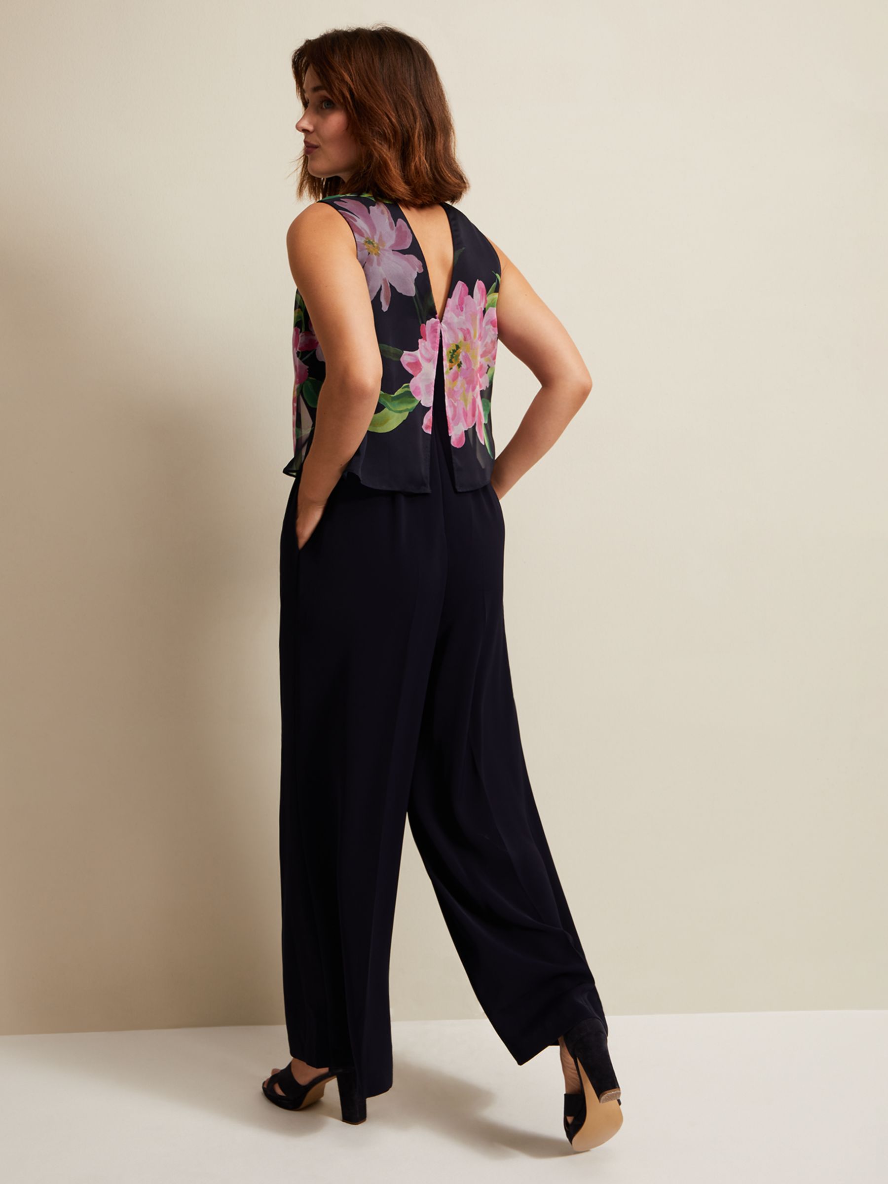 Phase Eight Agnes Floral Overlay Jumpsuit, Navy/Multi, 26