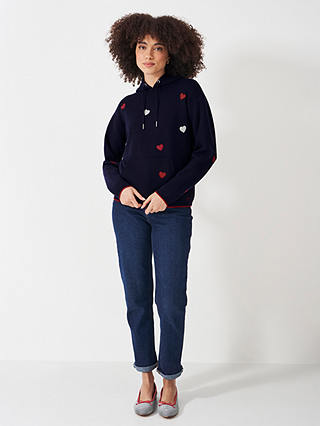 Crew Clothing Kiefer Embroidered Heart Knit Hoodie, Navy Blue/Multi