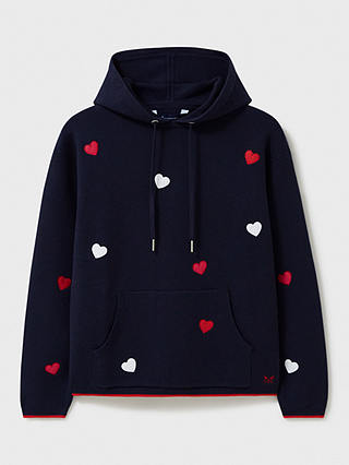 Crew Clothing Kiefer Embroidered Heart Knit Hoodie, Navy Blue/Multi