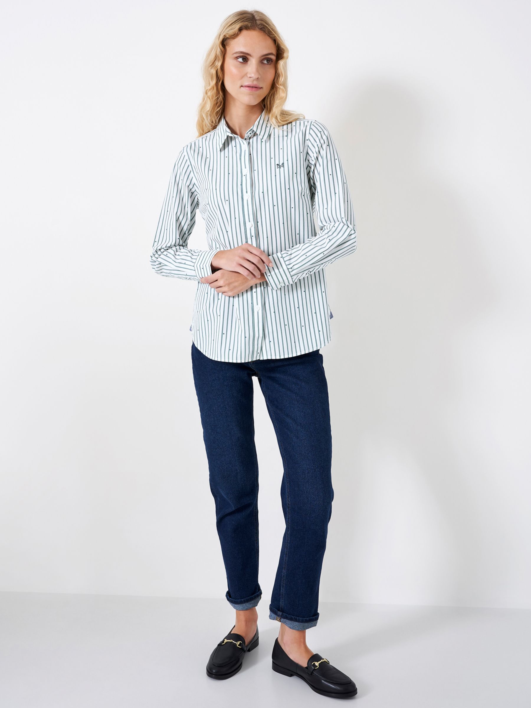 Crew Clothing Stripe and Spot Cotton Lulworth Shirt, White/Green at ...