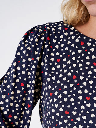 Crew Clothing Blouson Sleeve Heart Print Jersey Top, Navy/Multi