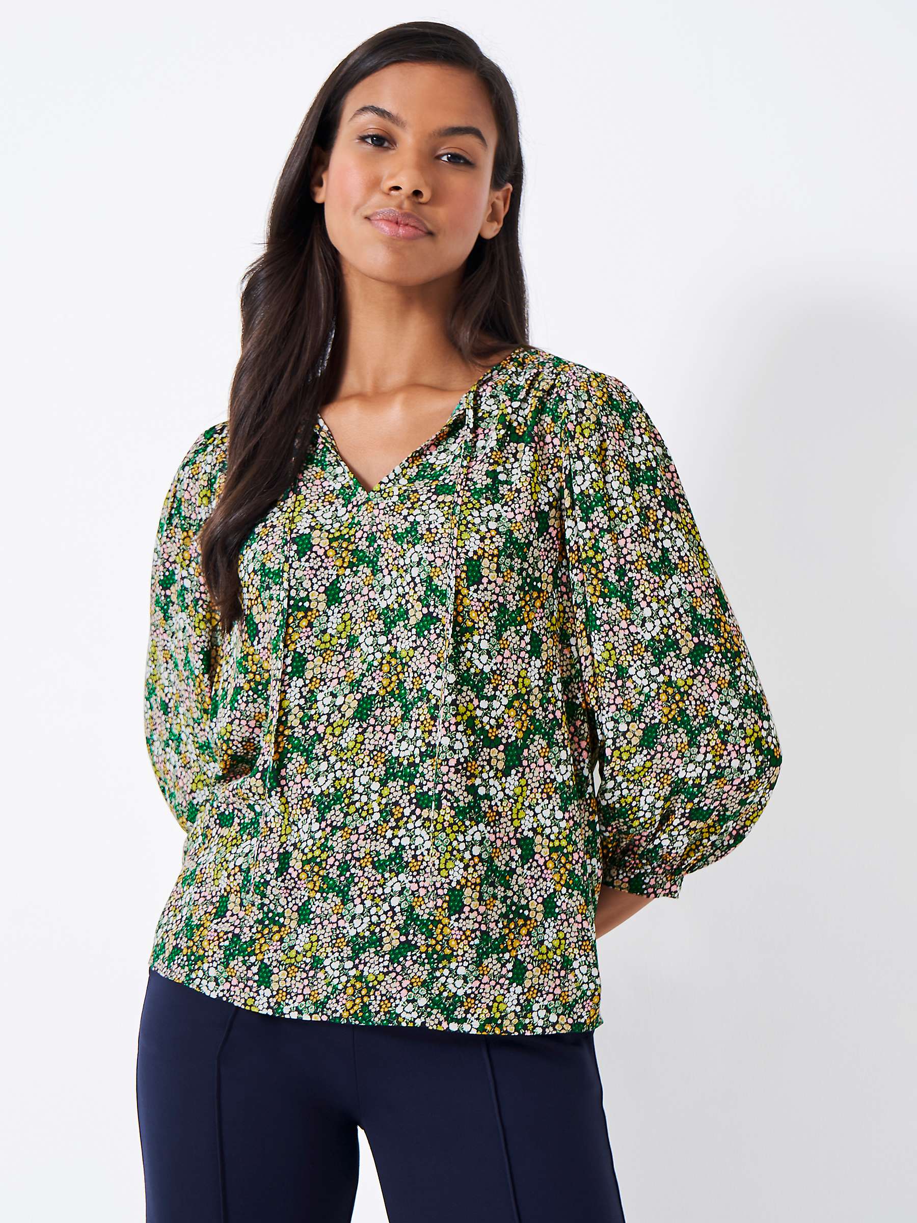 Buy Crew Clothing Ellen Printed Blousen Sleeve Blouse, Green/Multi Online at johnlewis.com