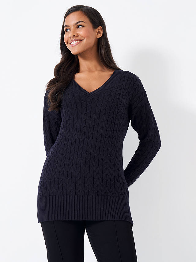 Crew Clothing Edna Longline Wool Blend Cable Knit Jumper, Navy