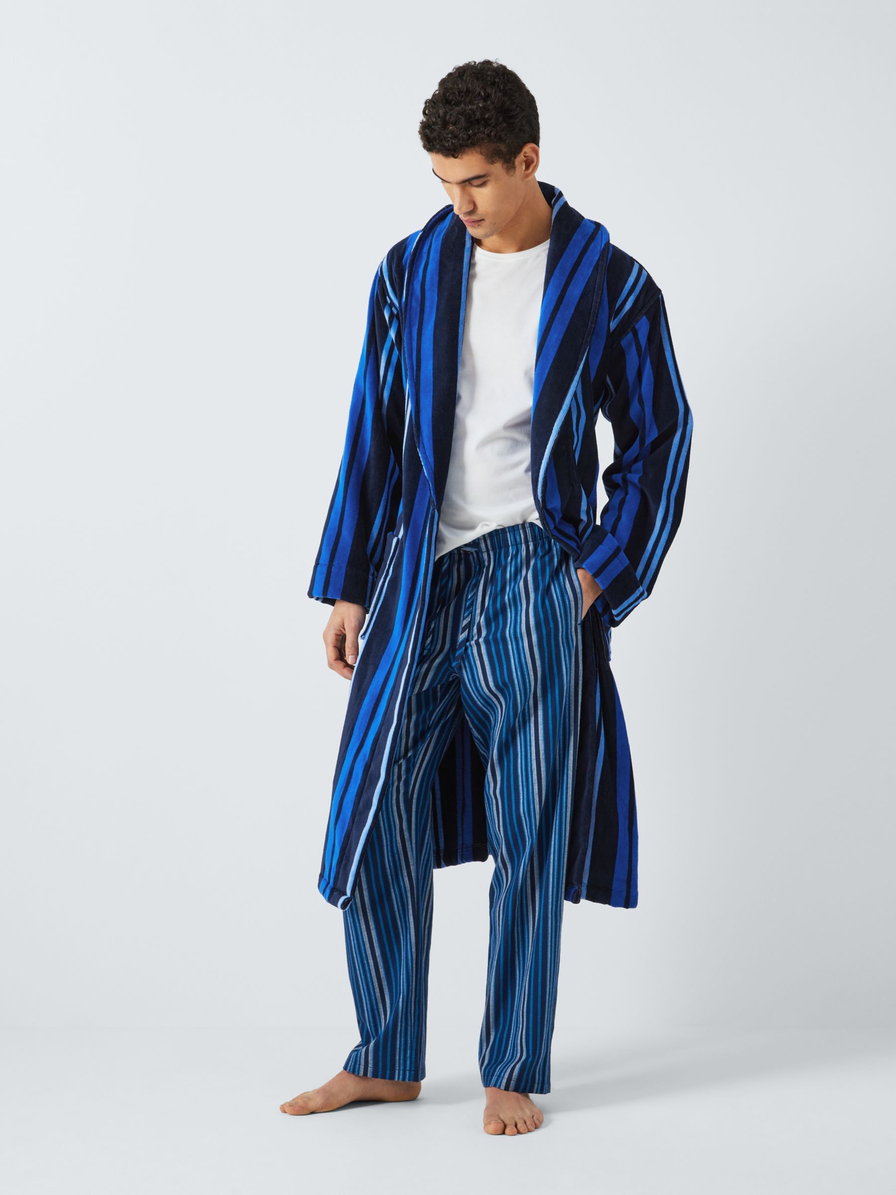 John Lewis Cotton Velour Stripe Robe, Blue, S