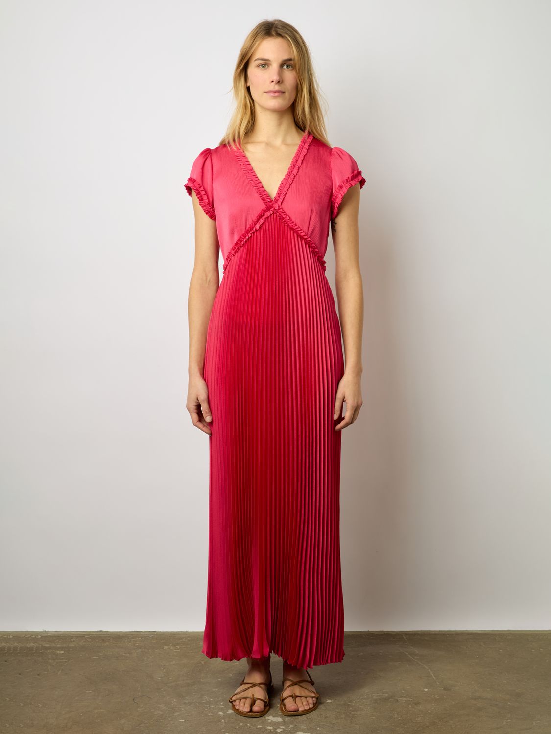 Gerard Darel Elvy Plisse Empire Line Maxi Dress, Pink, 16