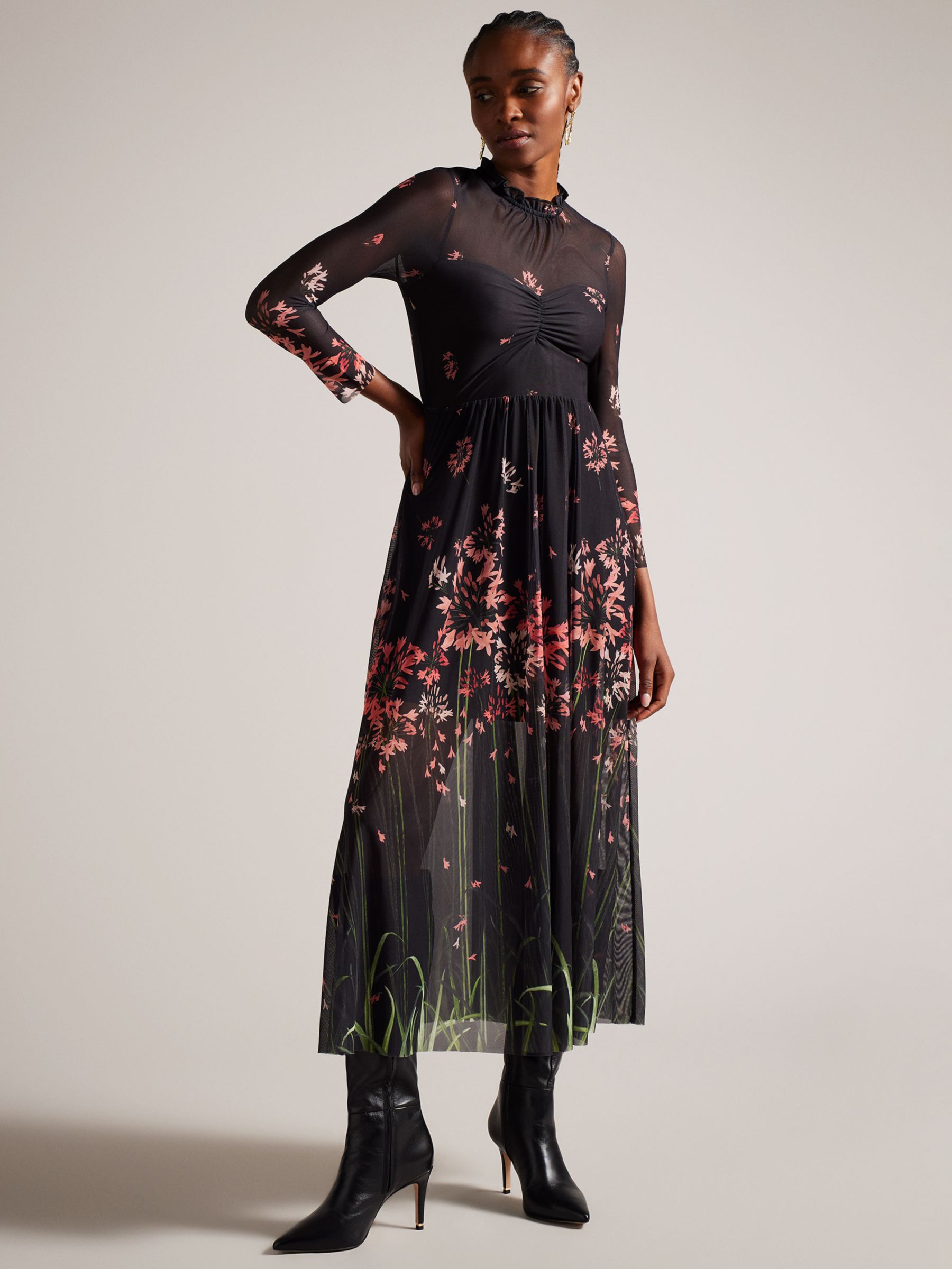Ted Baker Susenaa Floral Print Mesh Midi Dress, Black/Multi at John ...