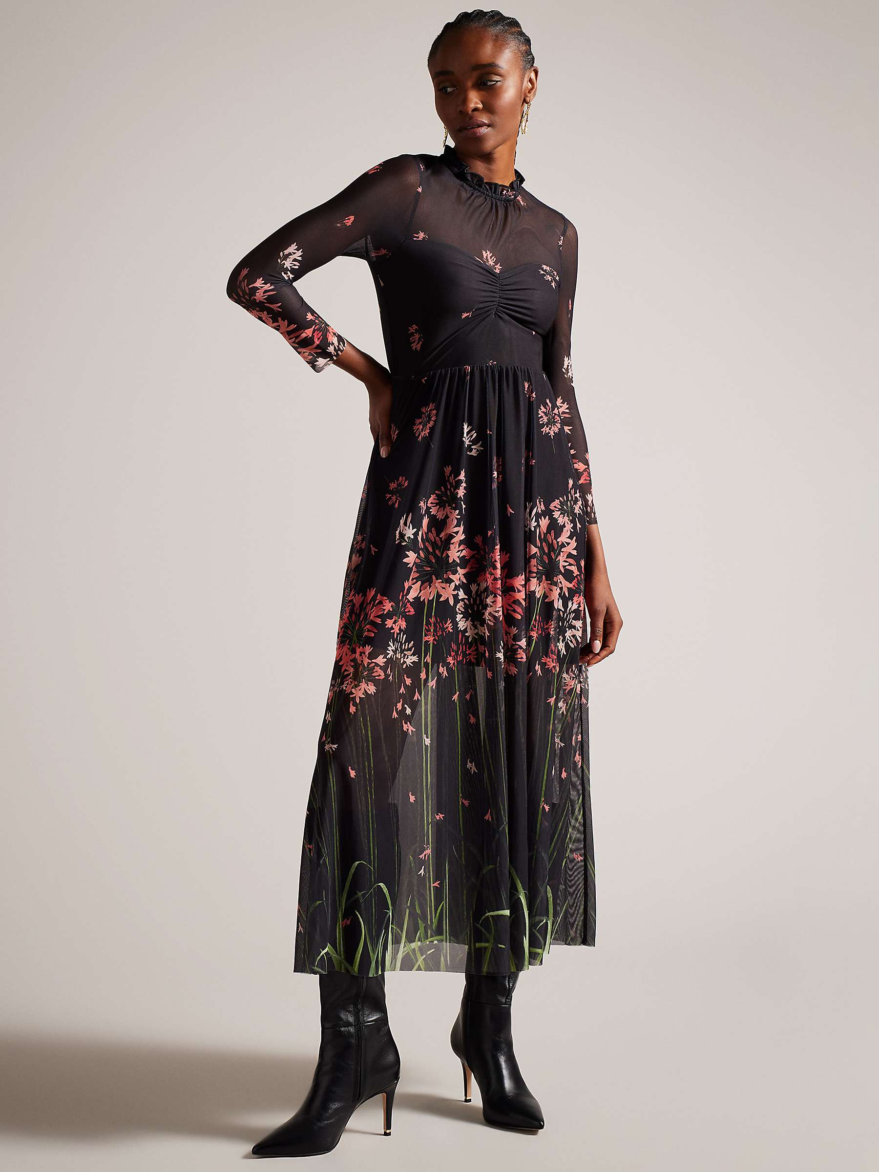 Buy Ted Baker Susenaa Floral Print Mesh Midi Dress, Black/Multi Online at johnlewis.com