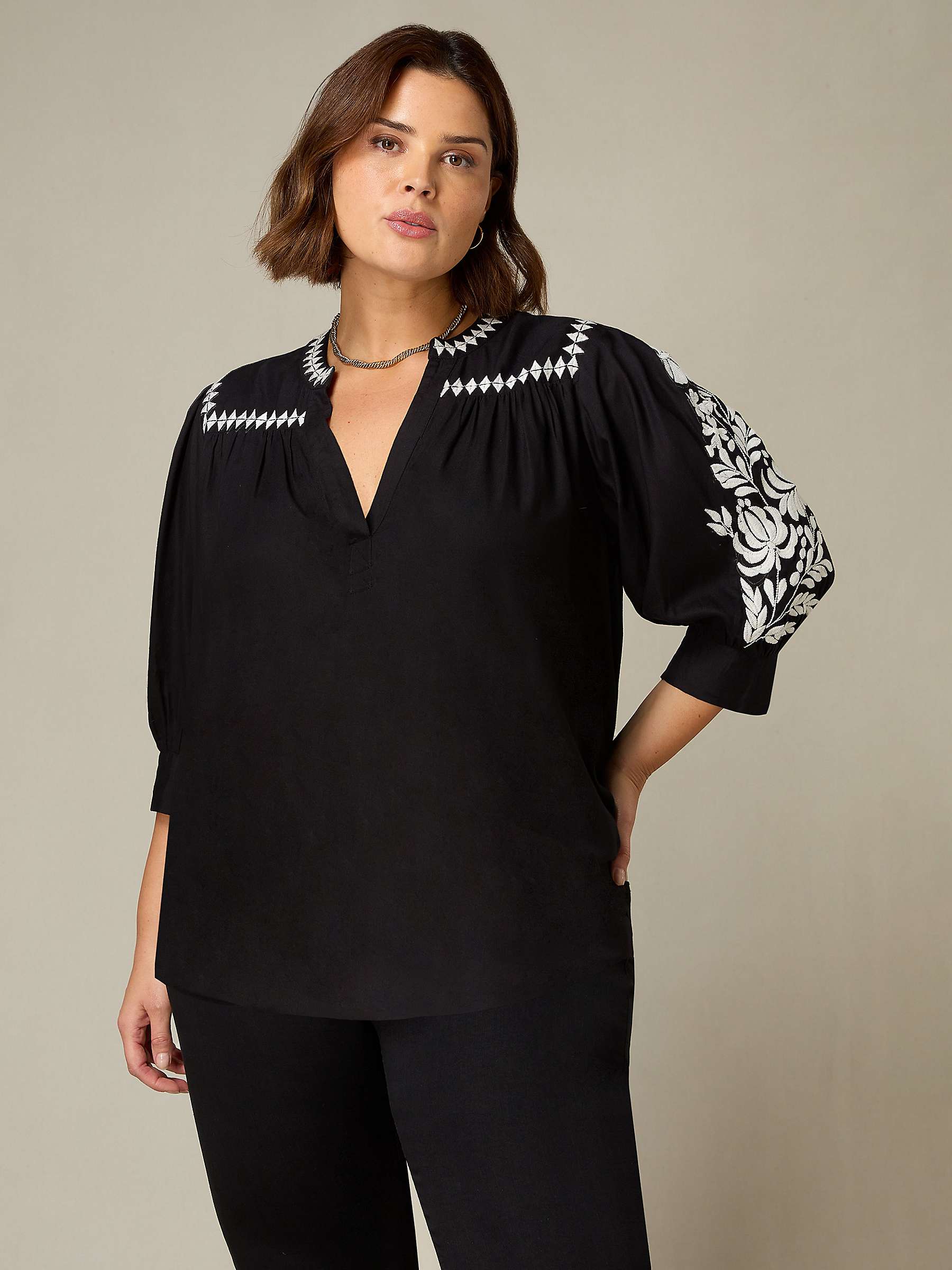 Buy Live Unlimited Curve Relaxed Embroidered Blouse, Black Online at johnlewis.com