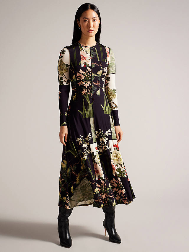 Ted Baker Gretiaa Graphic Floral Midi Dress, Black/Multi
