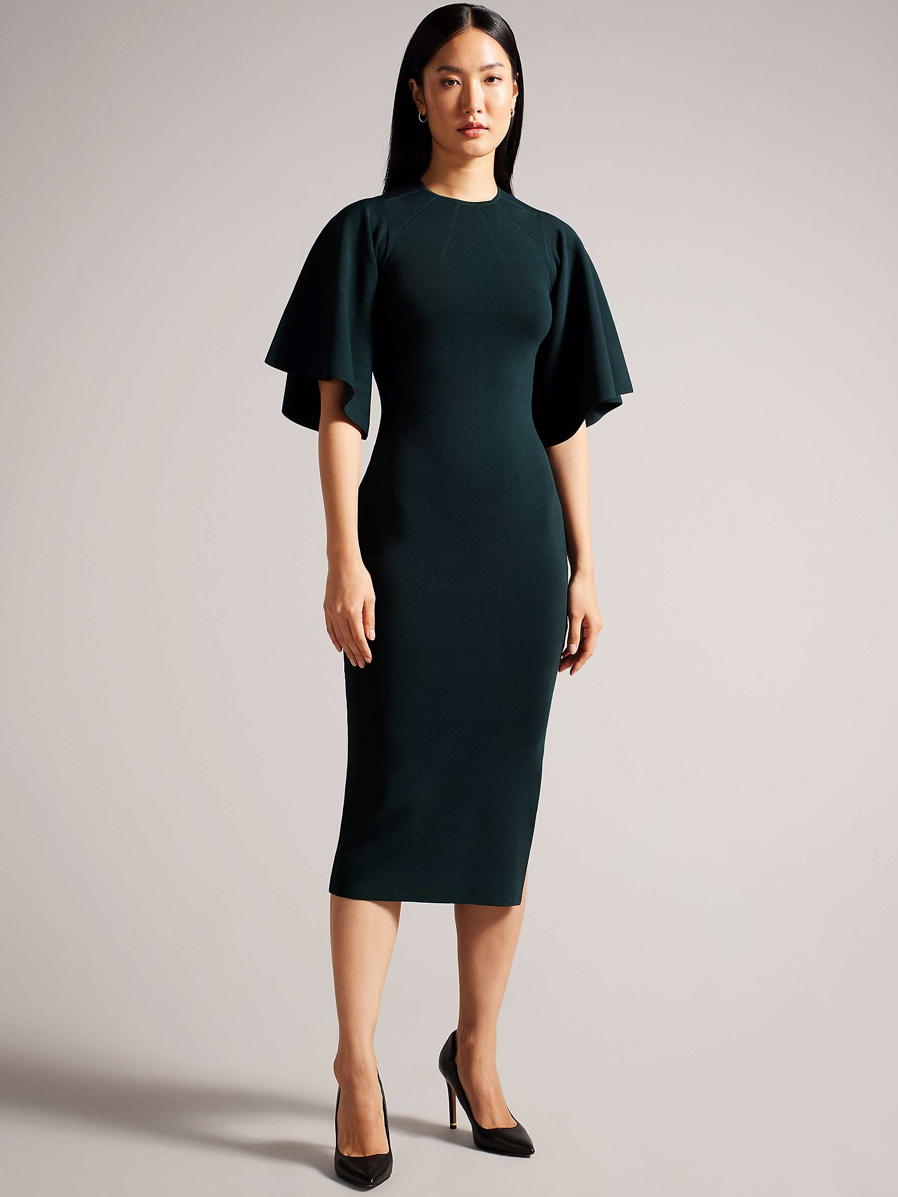 Buy Ted Baker Lounia Knitted Flute Sleeve Bodycon Midi Dress, Dark Green Online at johnlewis.com