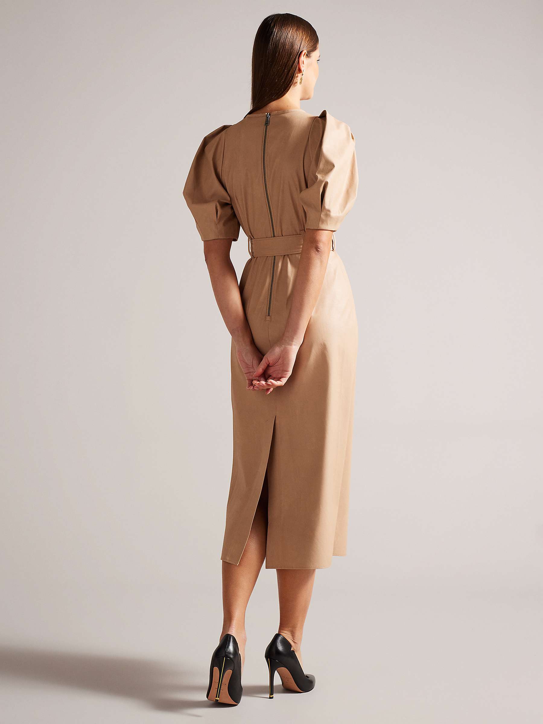 Buy Ted Baker Palowma Leather Look Puff Sleeve Midi Dress, Camel Online at johnlewis.com