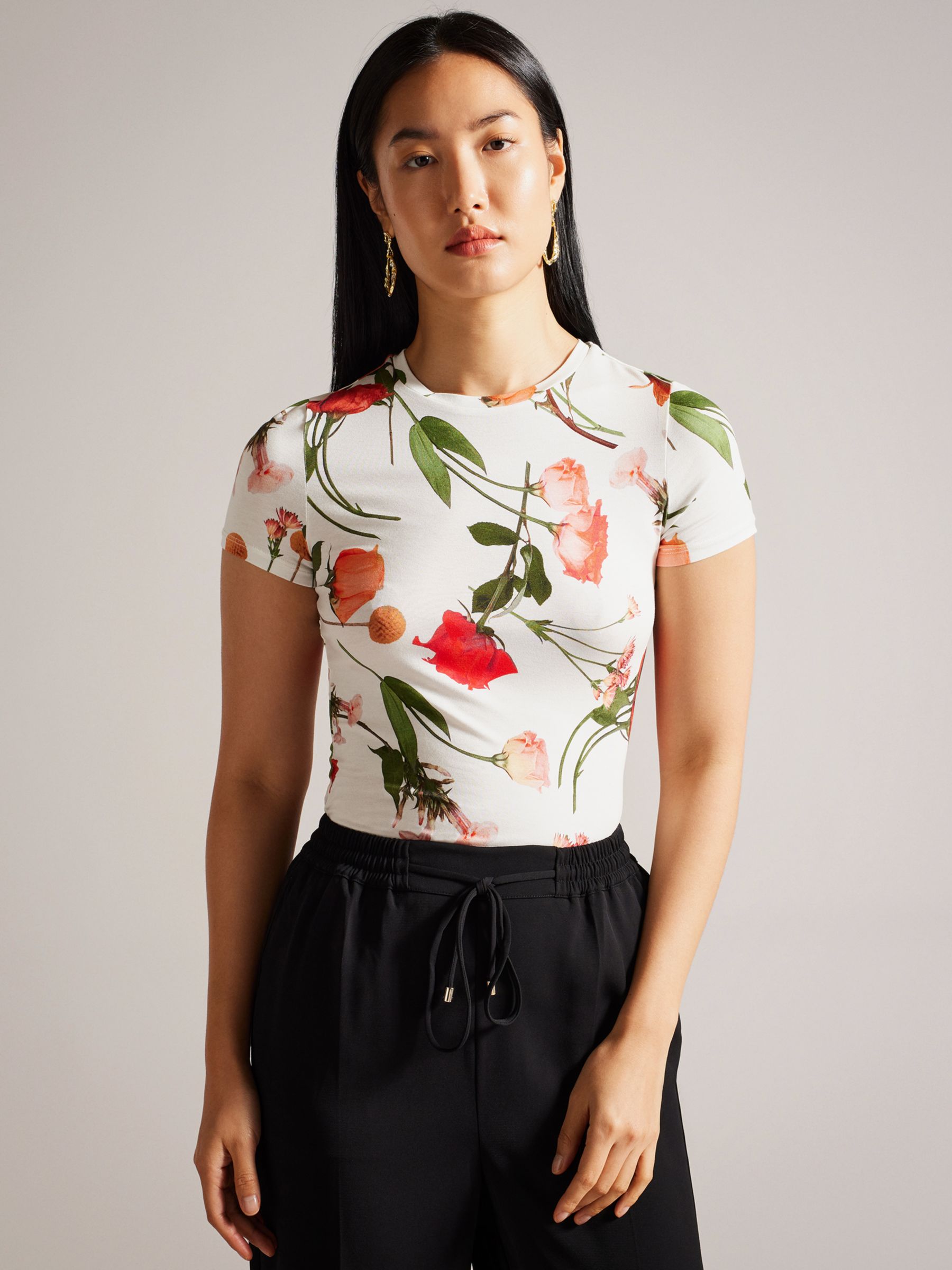 Ted Baker Treyya Floral Print Fitted T-Shirt, White/Multi at John Lewis ...