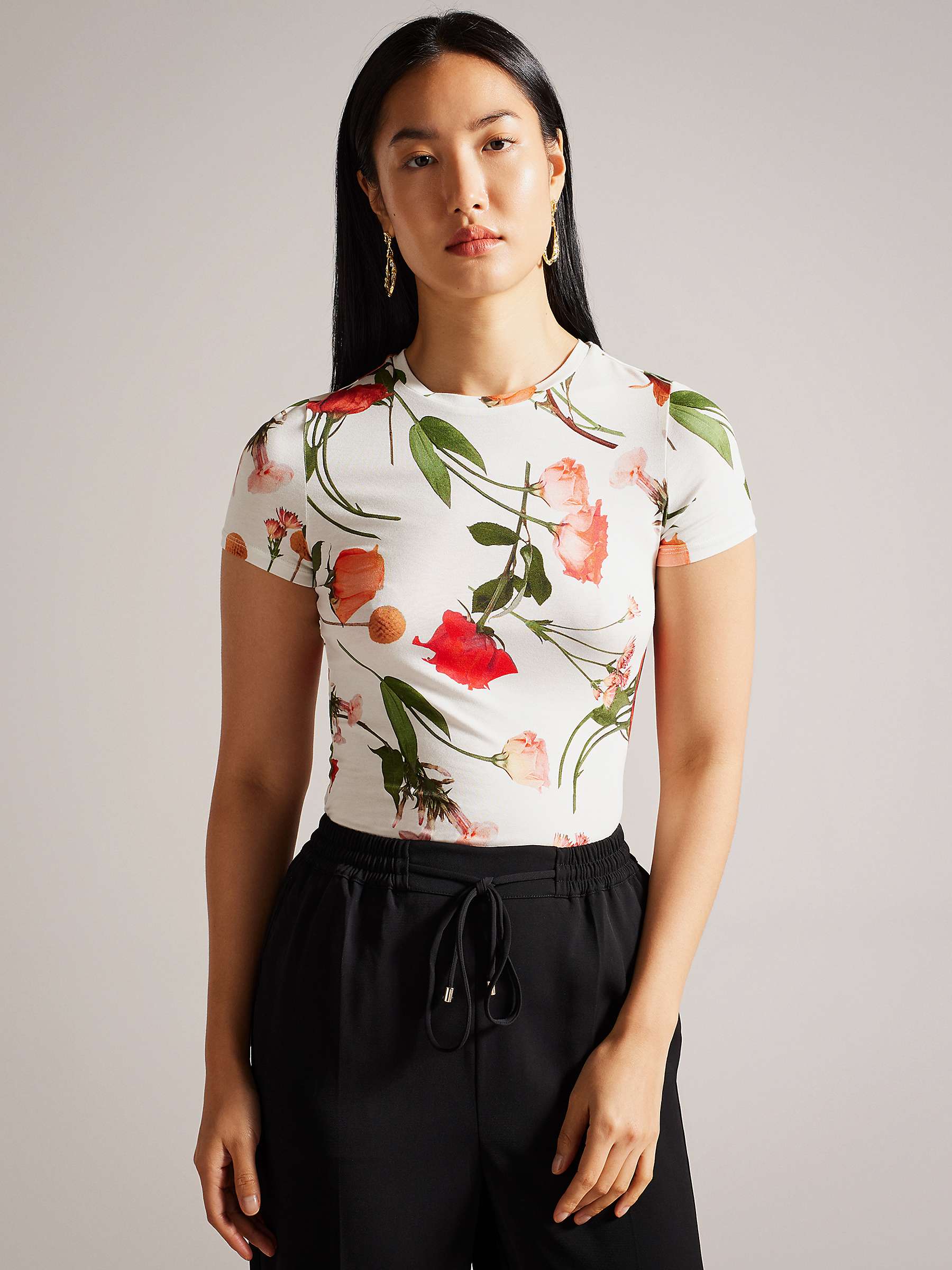 Buy Ted Baker Treyya Floral Print Fitted T-Shirt, White/Multi Online at johnlewis.com