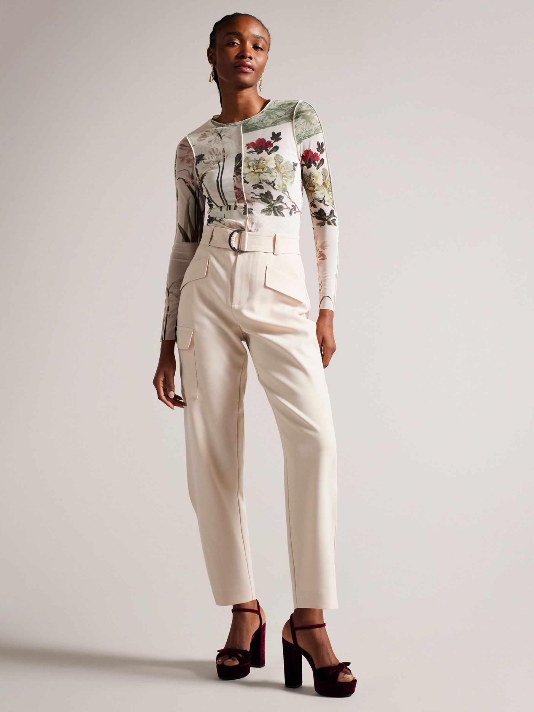Ted Baker Gracieh High Waisted Belted Tapered Cargo Trousers, Pink Nude ...