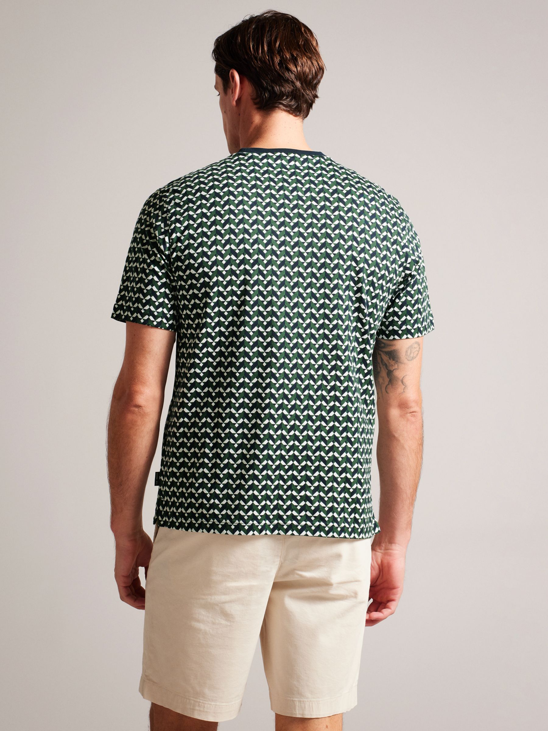 Ted Baker Chetel Short Sleeve Regular Geo Print T-Shirt, Green/Multi, XS