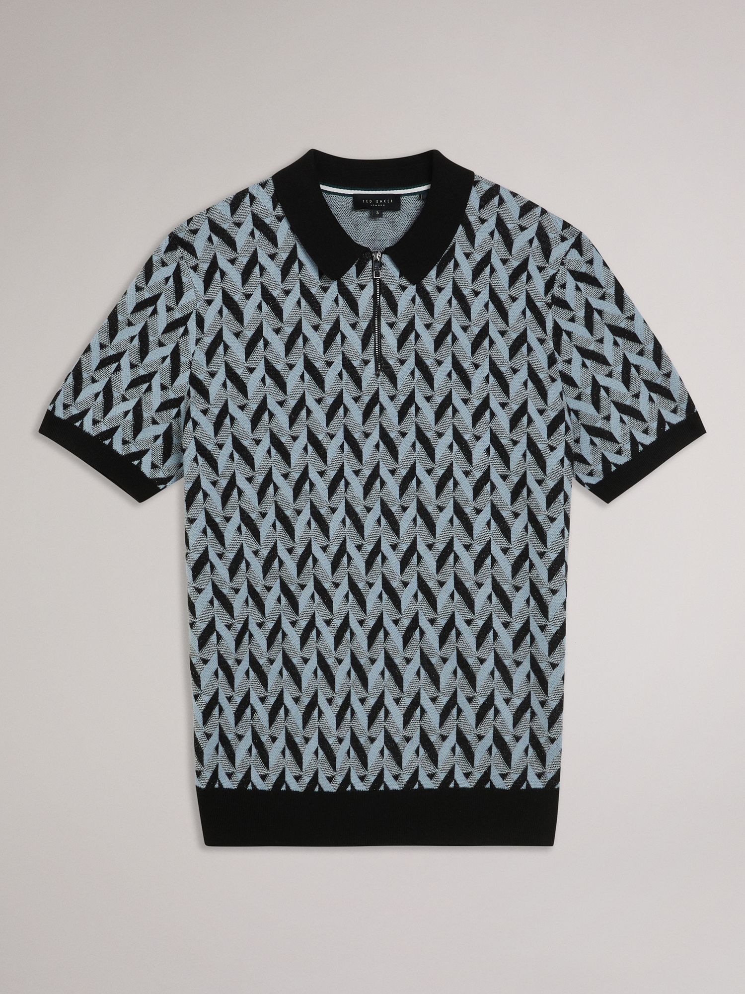 Ted Baker Mitford Wool Blend Boucle Jacquard Zip Polo Shirt, Light Blue/Multi, XS