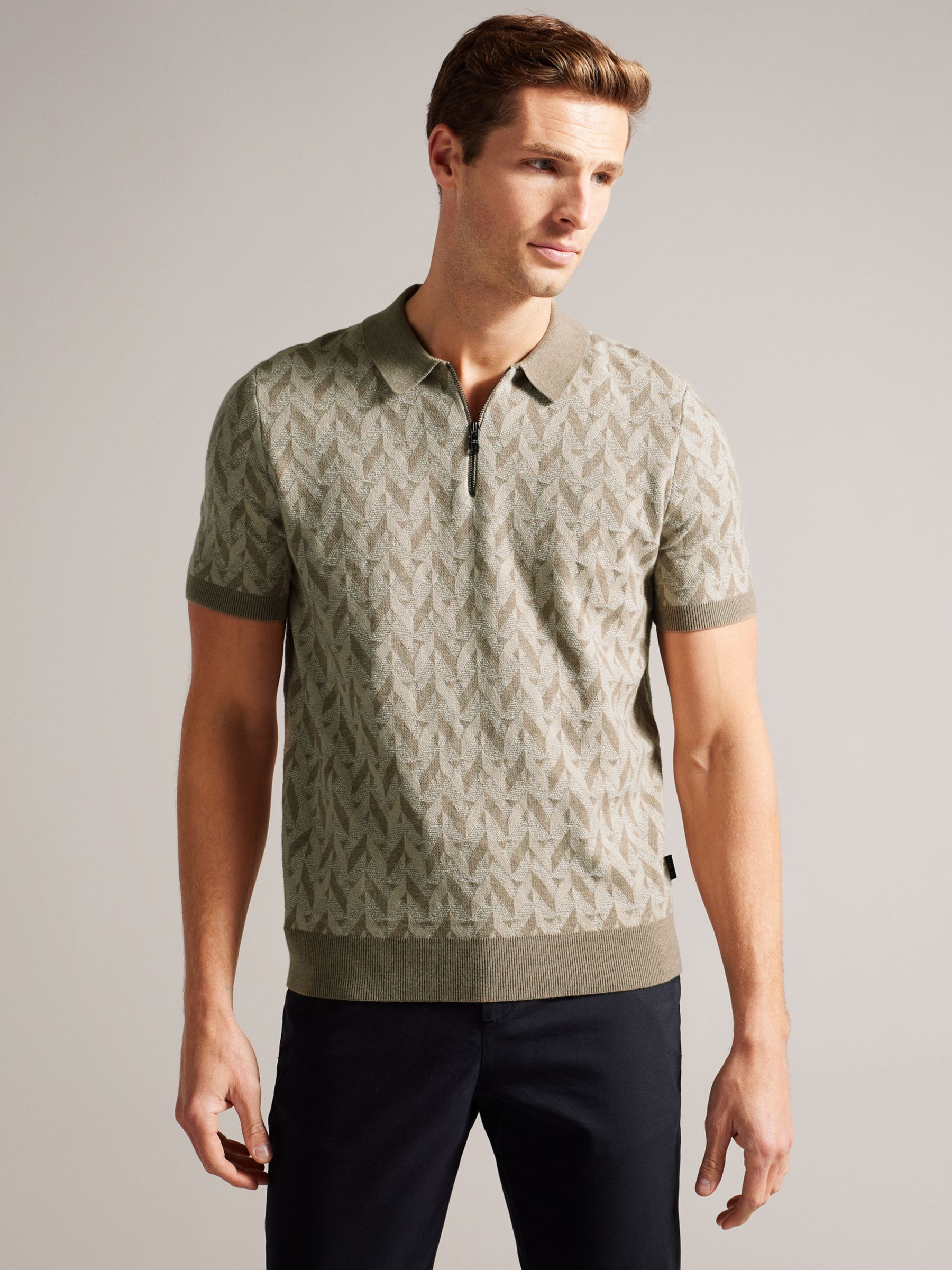 Ted Baker Mitford Wool Blend Boucle Jacquard Zip Polo Shirt, Cream ...