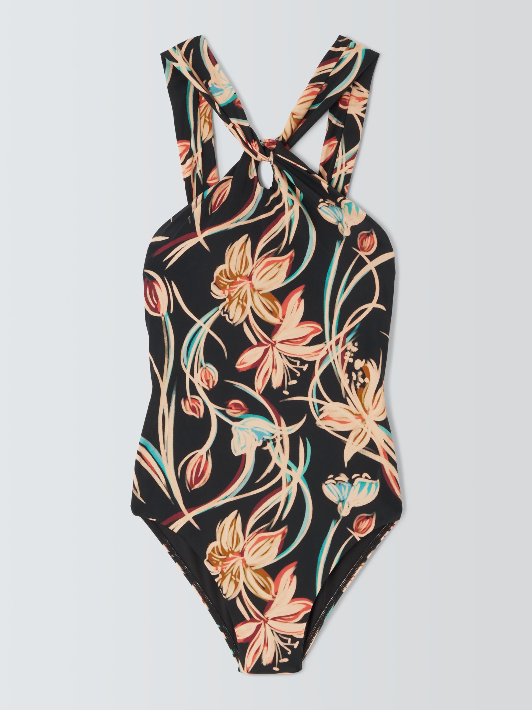 John Lewis Ios Floral Twist Neck Swimsuit, Black/Multi, 10