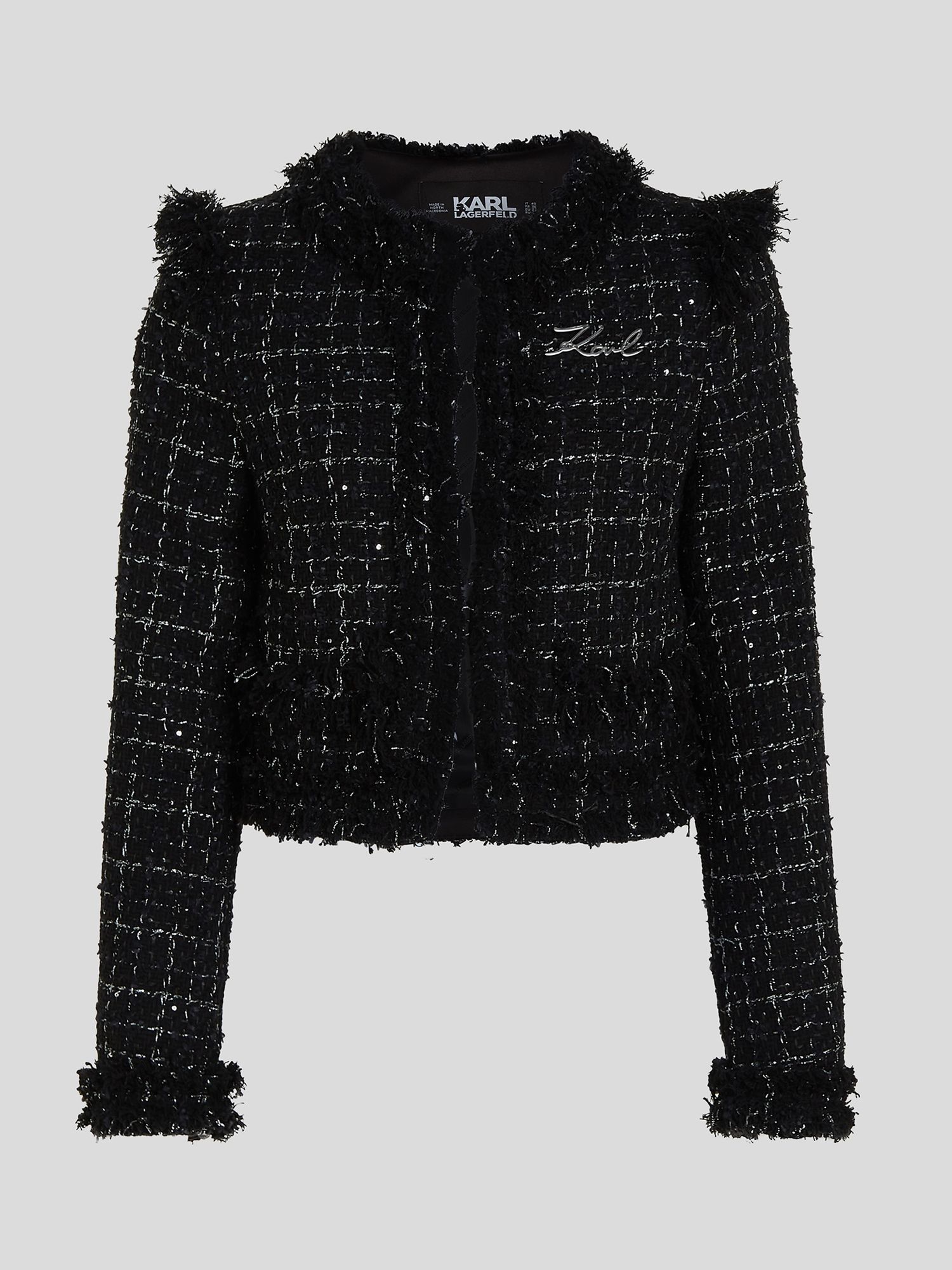 KARL LAGERFELD Check Boucle Jacket, Black/Silver at John Lewis & Partners