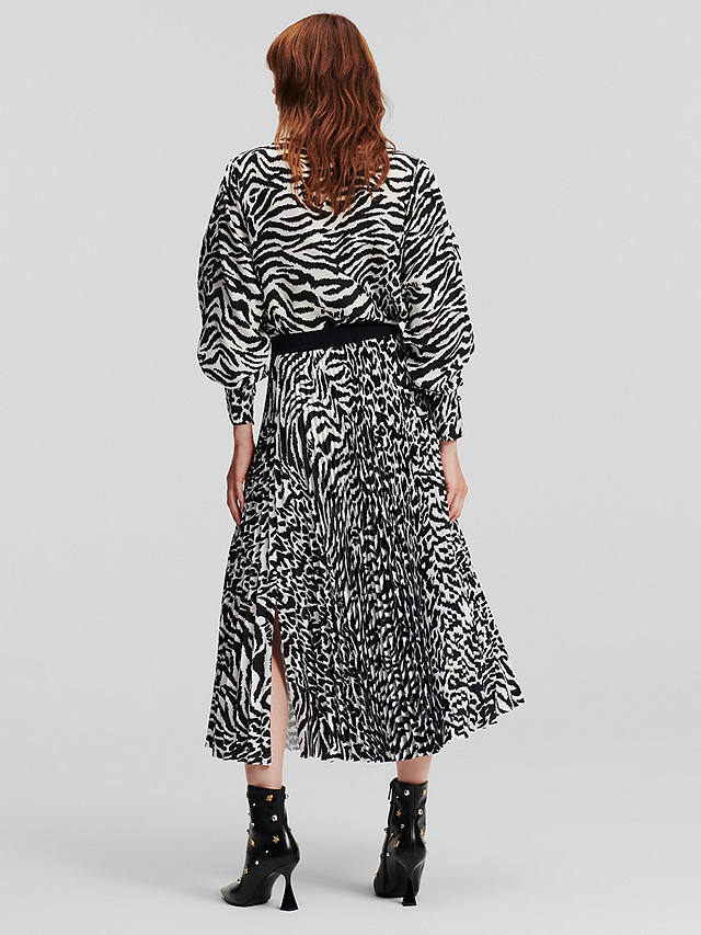KARL LAGERFELD Animal Print Pleated Midi Skirt, Black/White