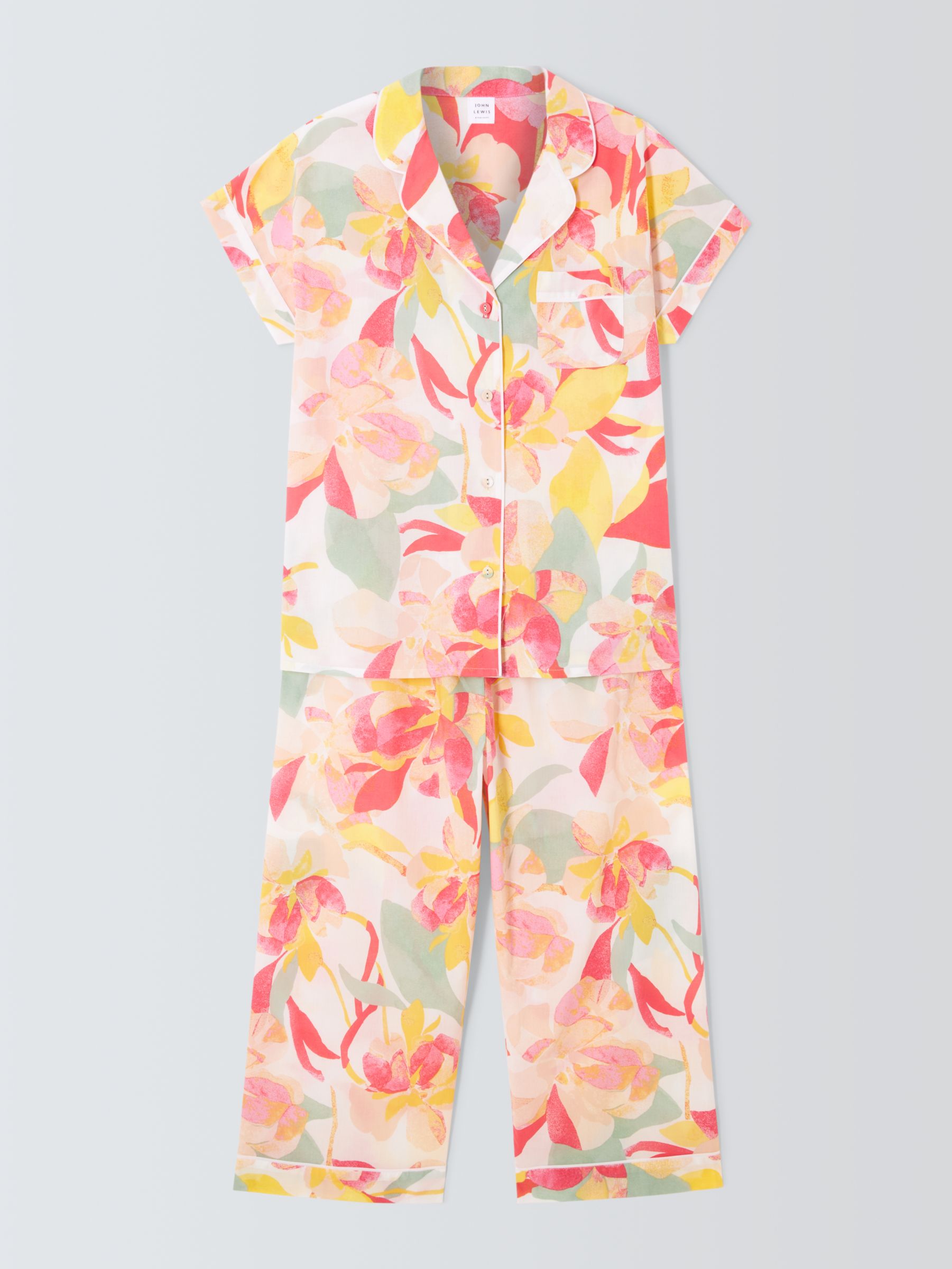 John Lewis Farrah Floral Shirt Cropped Pyjama Set, Ivory/Coral, 16