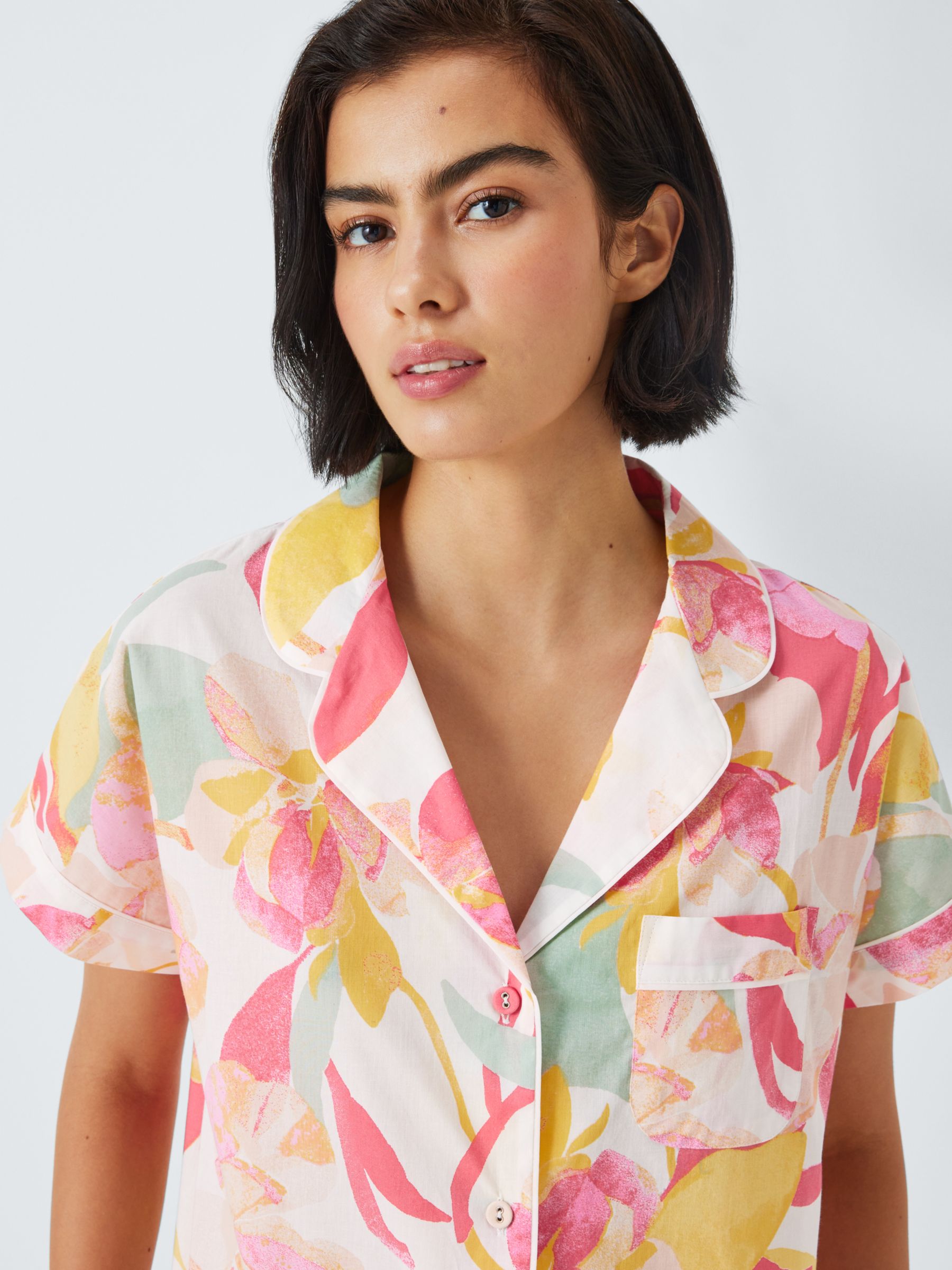 John Lewis Farrah Floral Shirt Cropped Pyjama Set, Ivory/Coral, 16