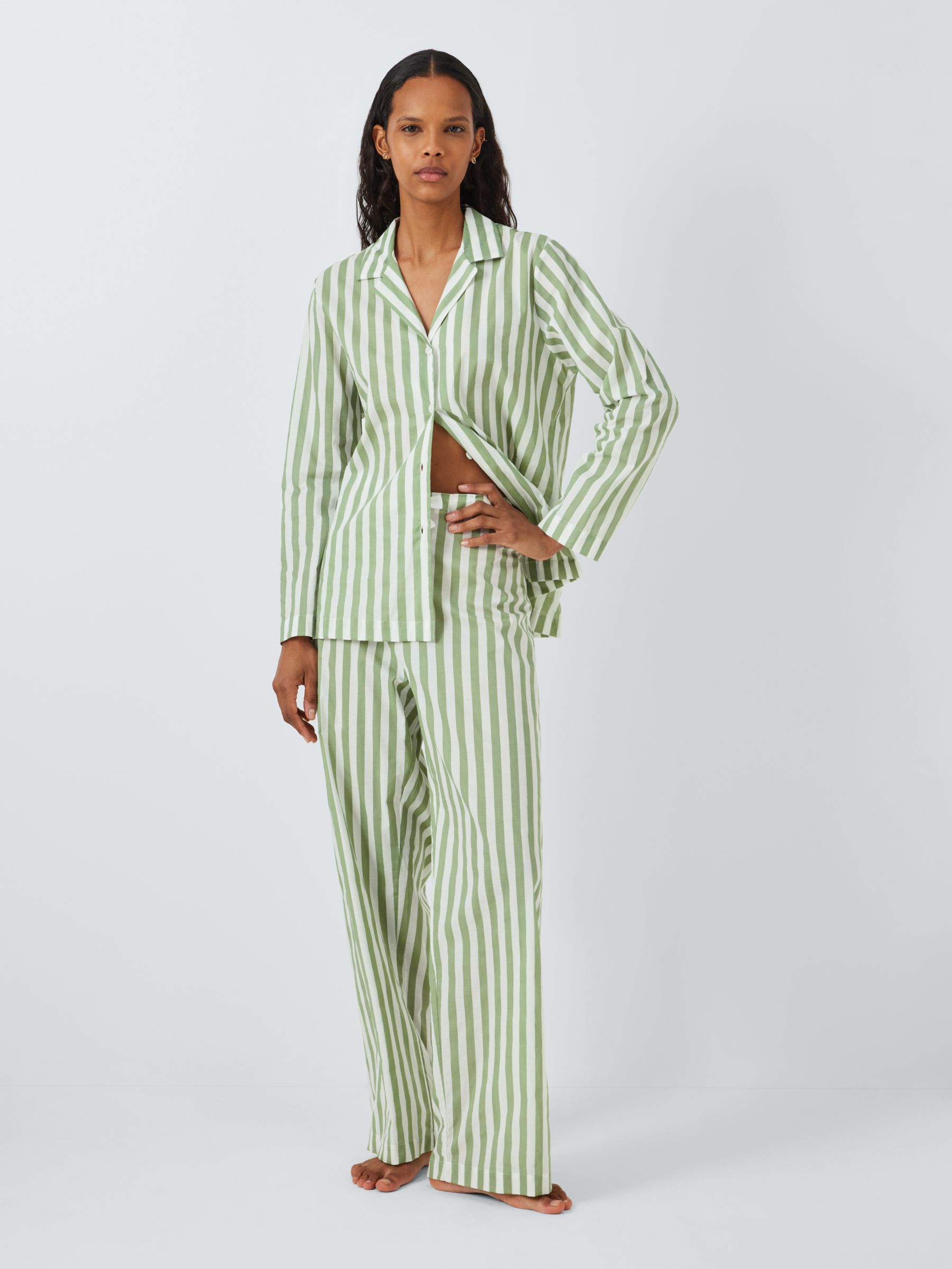 John Lewis Kate Stripe Shirt Long Pyjama Set, Sage, 12