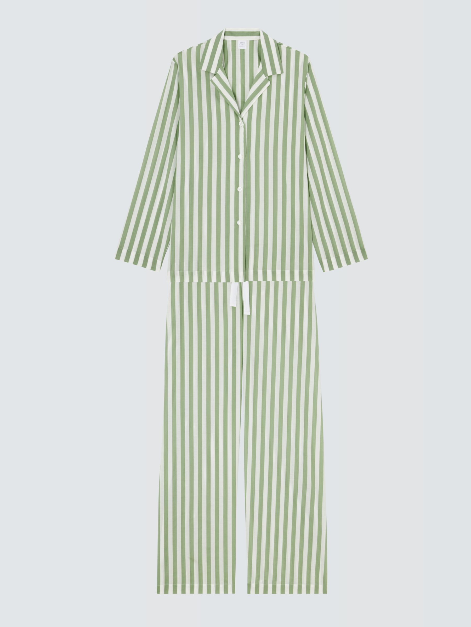 John Lewis Kate Stripe Shirt Long Pyjama Set, Sage, 12