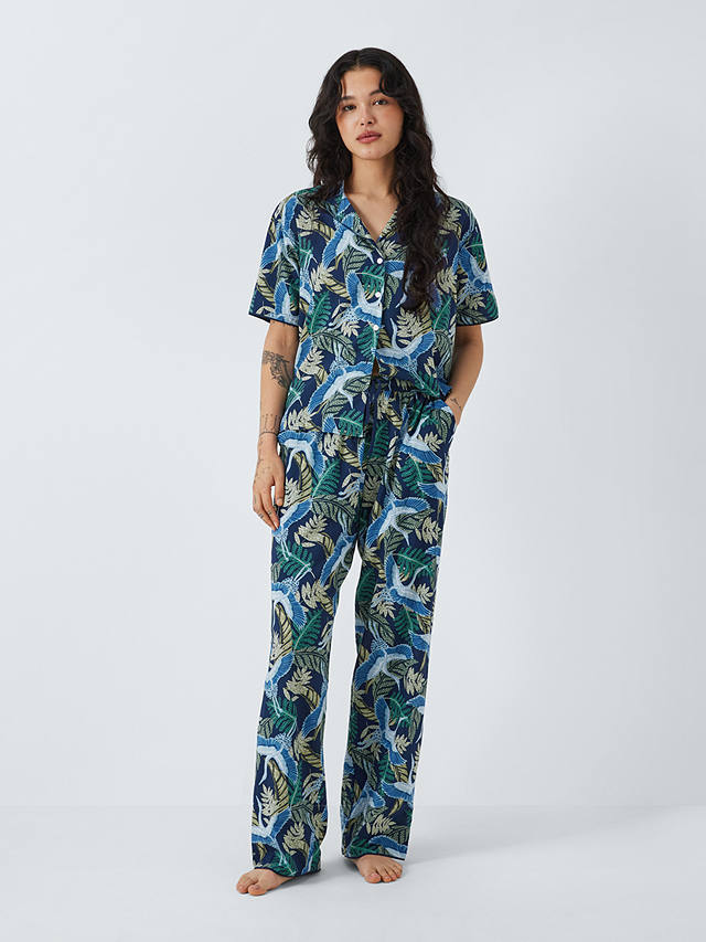 AND/OR Botanical Crane Short Sleeve Pyjama Shirt, Navy/Multi
