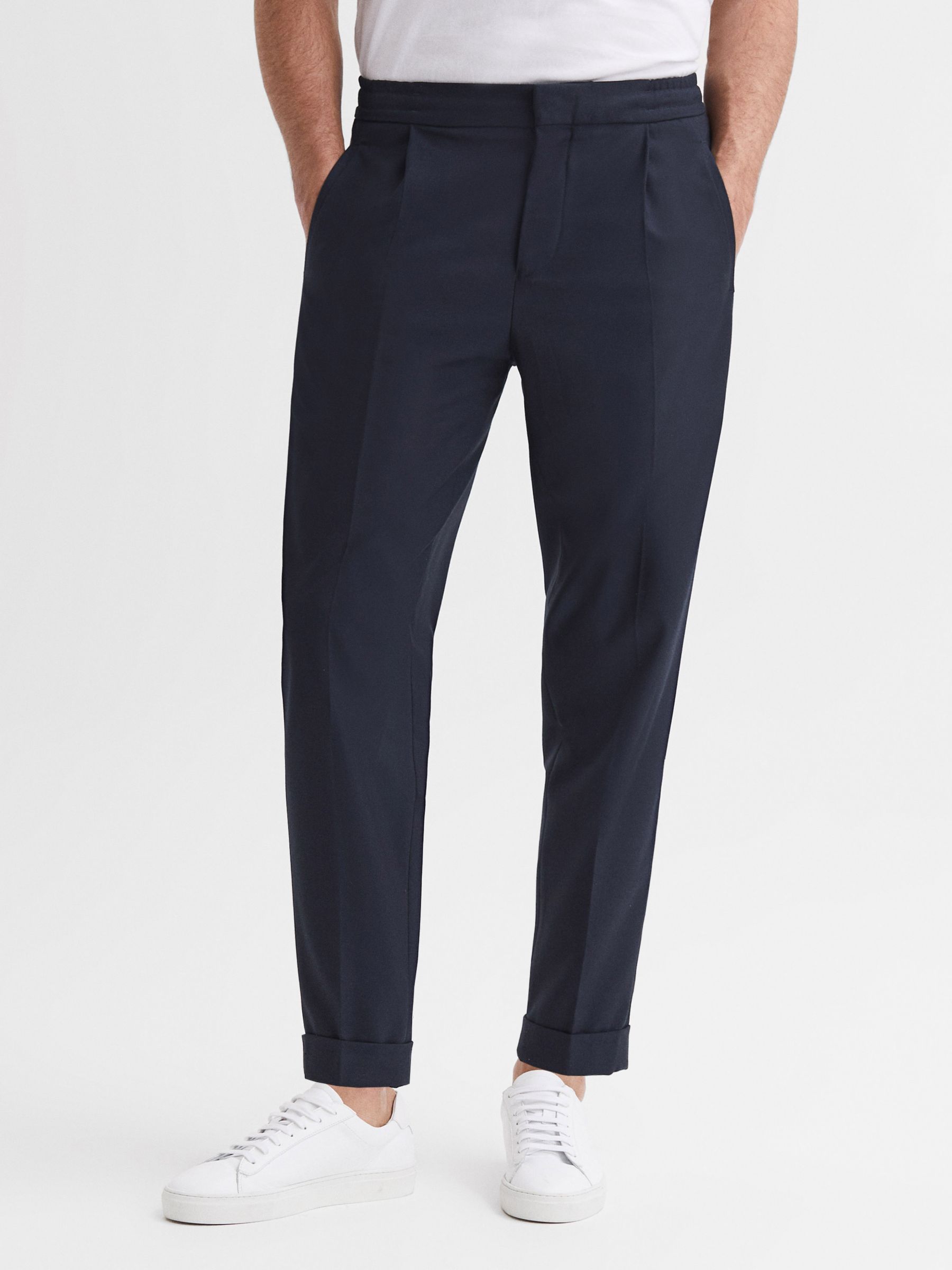 Reiss Brighton Pleated Relaxed Trousers, Navy at John Lewis & Partners