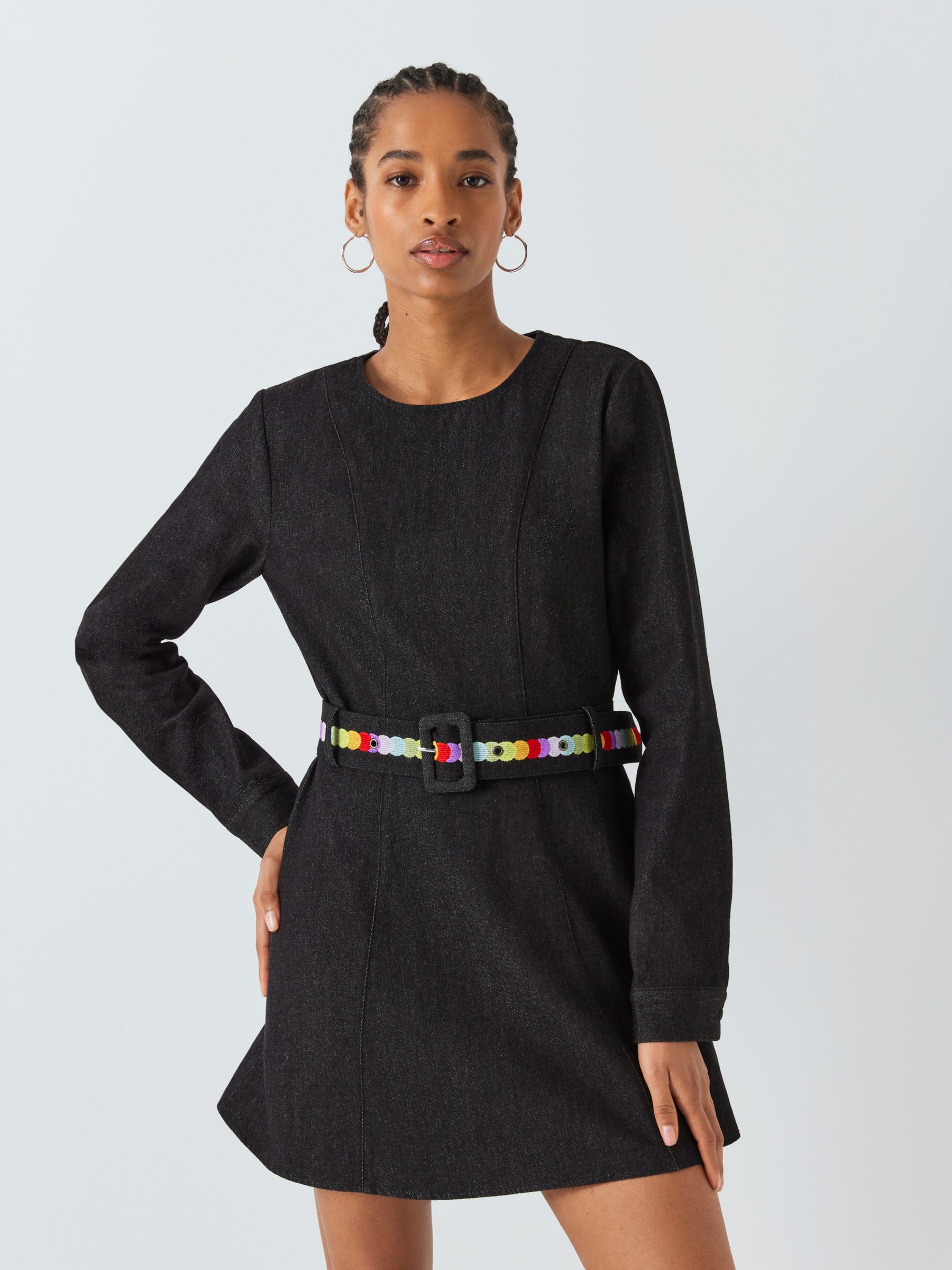 Olivia Rubin Embroidered Belt Mini Dress, Black Wash, 8