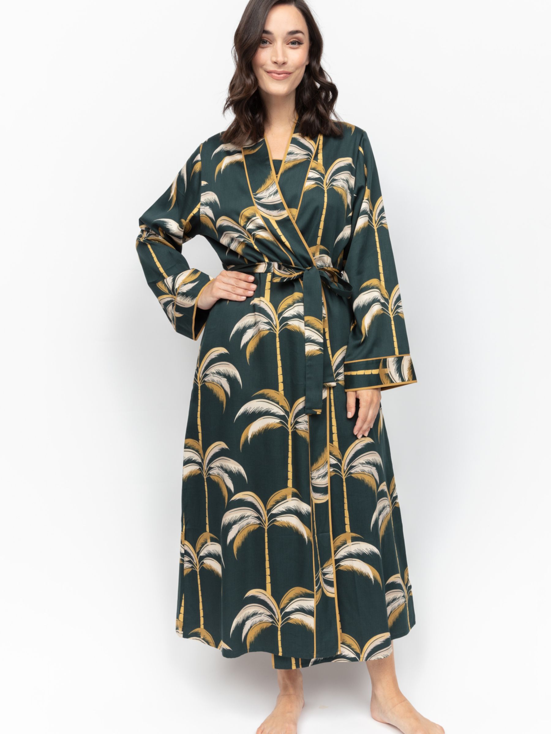 Fable & Eve Pimlico Palm Print Dressing Gown, Emerald Green, 8