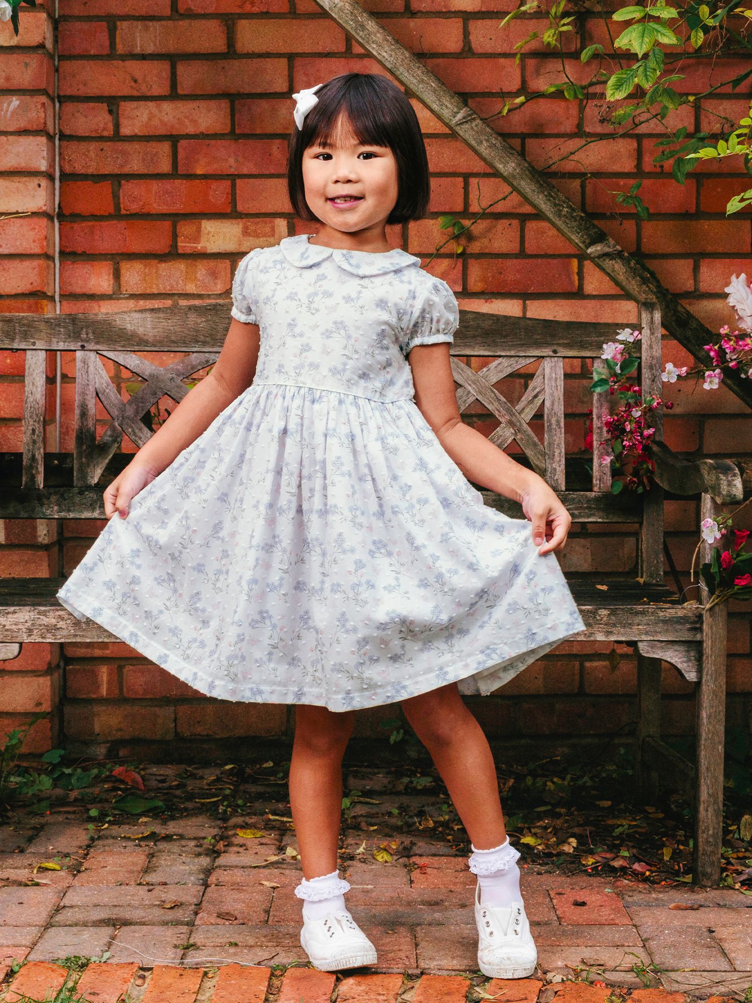 Buy Trotters Kids' Butterfly Floral Print Peter Pan Collar Dress, White/Muli Online at johnlewis.com