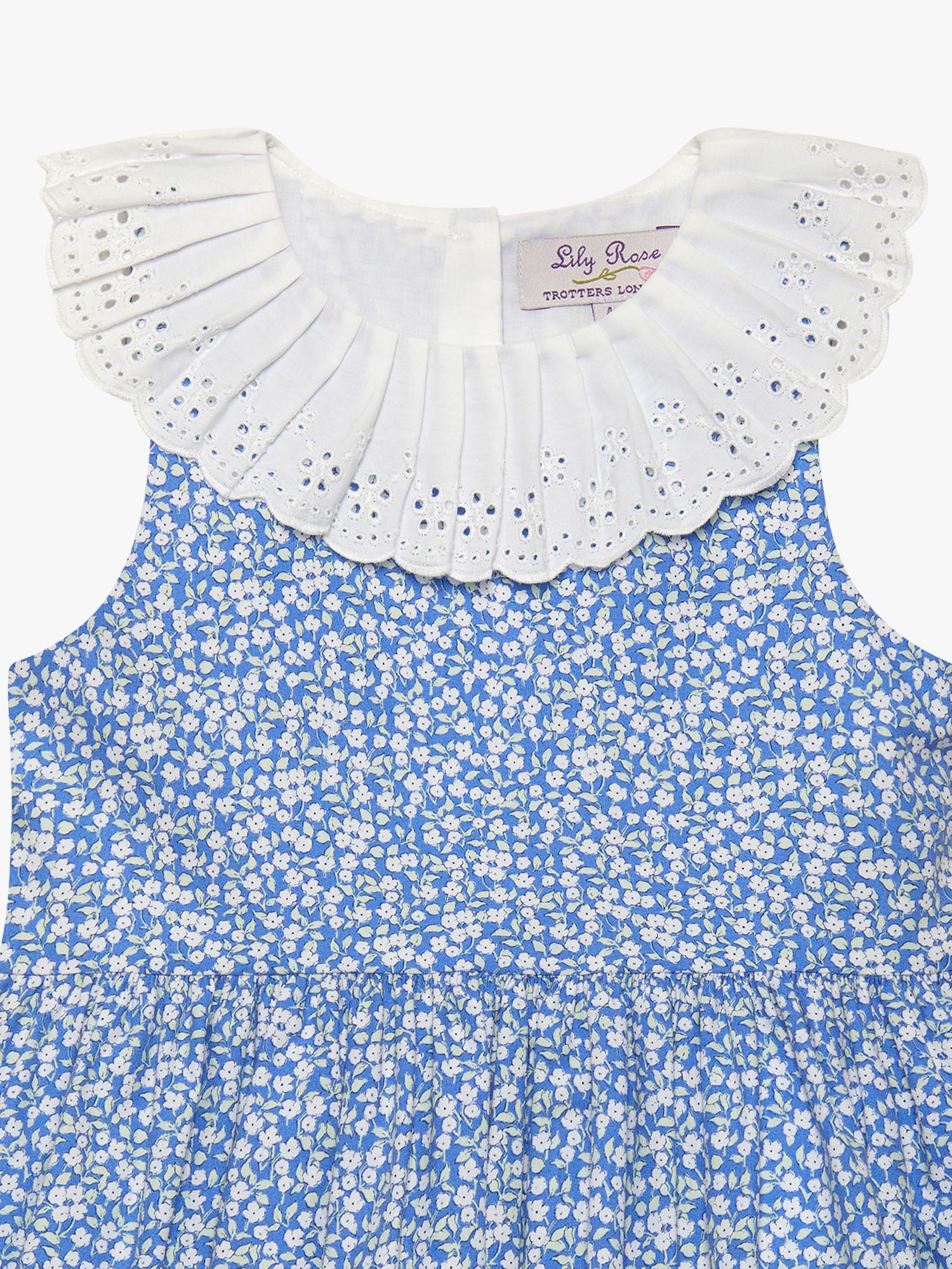 Trotters Kids' Francesca Mini Floral Broderie Anglaise Willow Collar Dress, Blue, 3 years