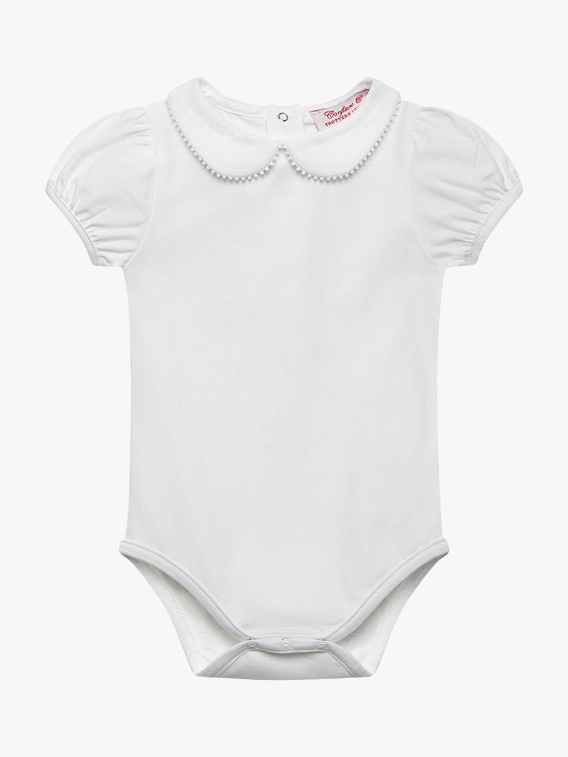 Trotters Baby Bobble Trim Peter Pan Collar Bodysuit, White, 3-6 months