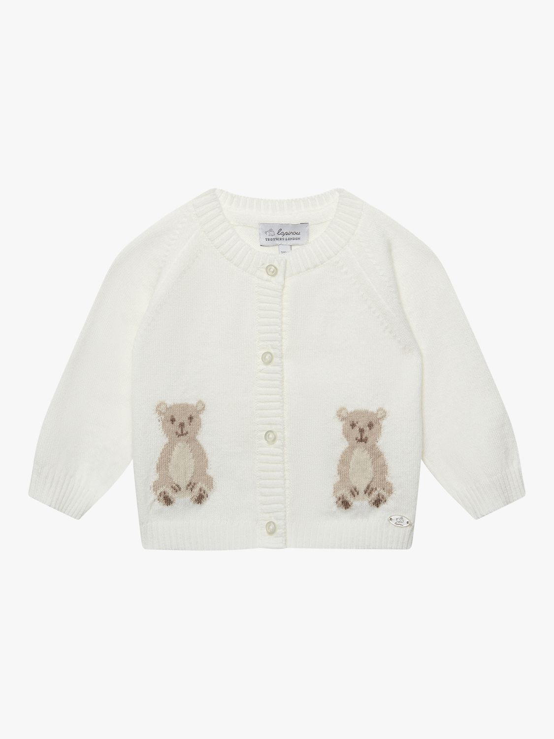 Trotters Baby Teddy Bear Intarsia Wool Blend Cardigan, Off White, Newborn