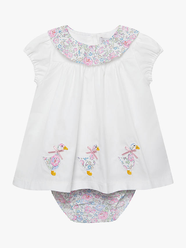 Trotters Baby My First Duck Applique Willow Ruffle Collar Dress & Knickers Set, White/Pink Felicite