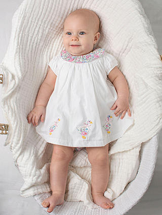 Trotters Baby My First Duck Applique Willow Ruffle Collar Dress & Knickers Set, White/Pink Felicite