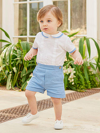 Trotters Baby Rupert Linen Blend Short Sleeve & Shorts Set, French Blue/White