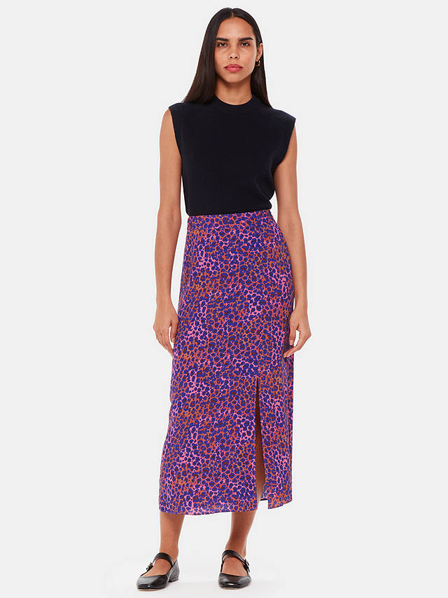 Whistles Mottled Leopard Print Midi Skirt, Pink/Multi