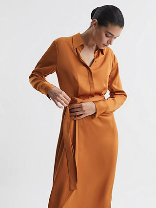 Reiss Arabella Satin Shirt Style Midi Dress, Rust