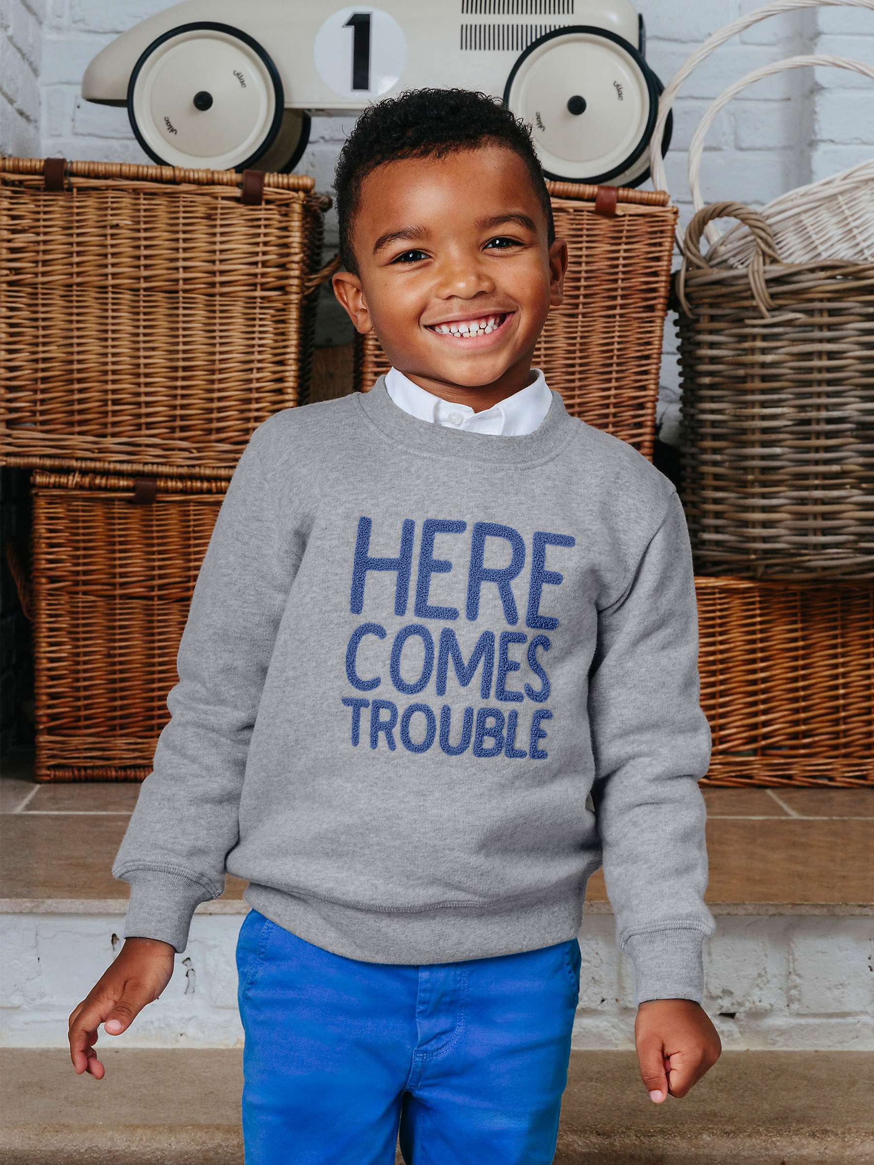 Buy Trotters Kids' Here Comes Trouble Jumper, Grey Marl Online at johnlewis.com
