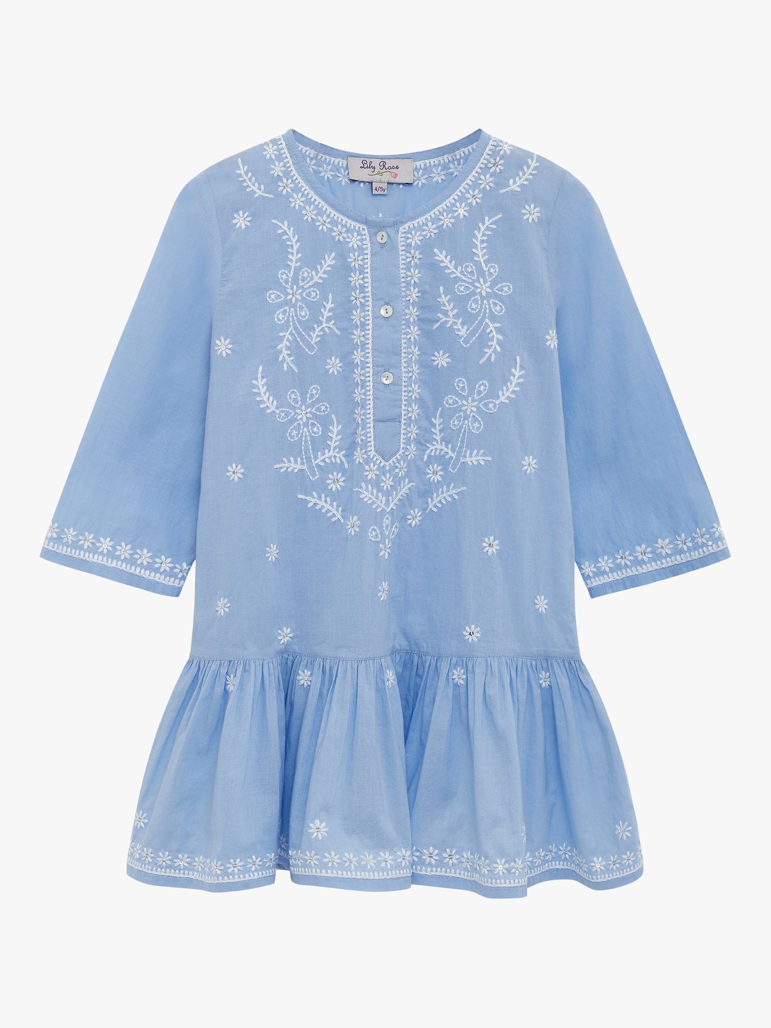 Trotters Kids' Floral Embroidered Kaftan, Blue/White, 2-3 years