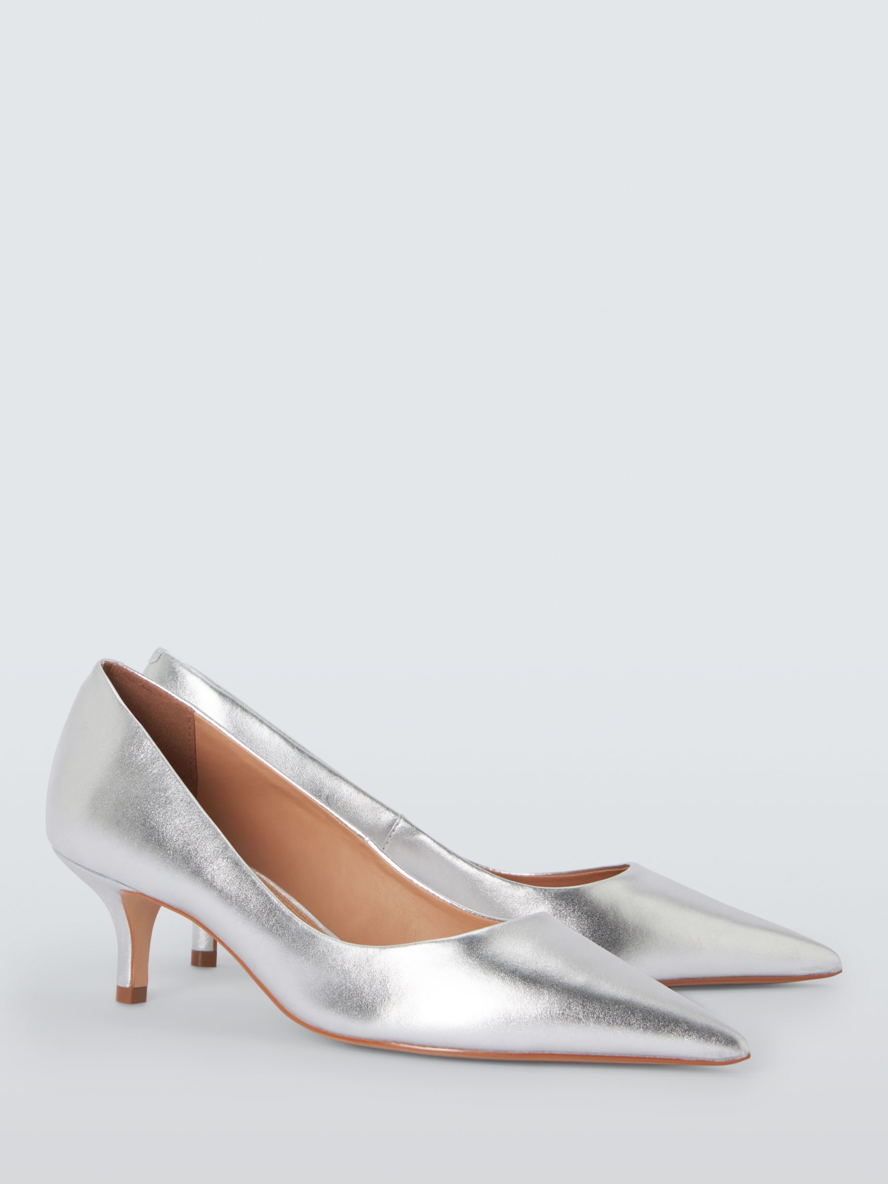John Lewis Alabama Leather Kitten Heel Pointed Court Shoes, Silver, 8