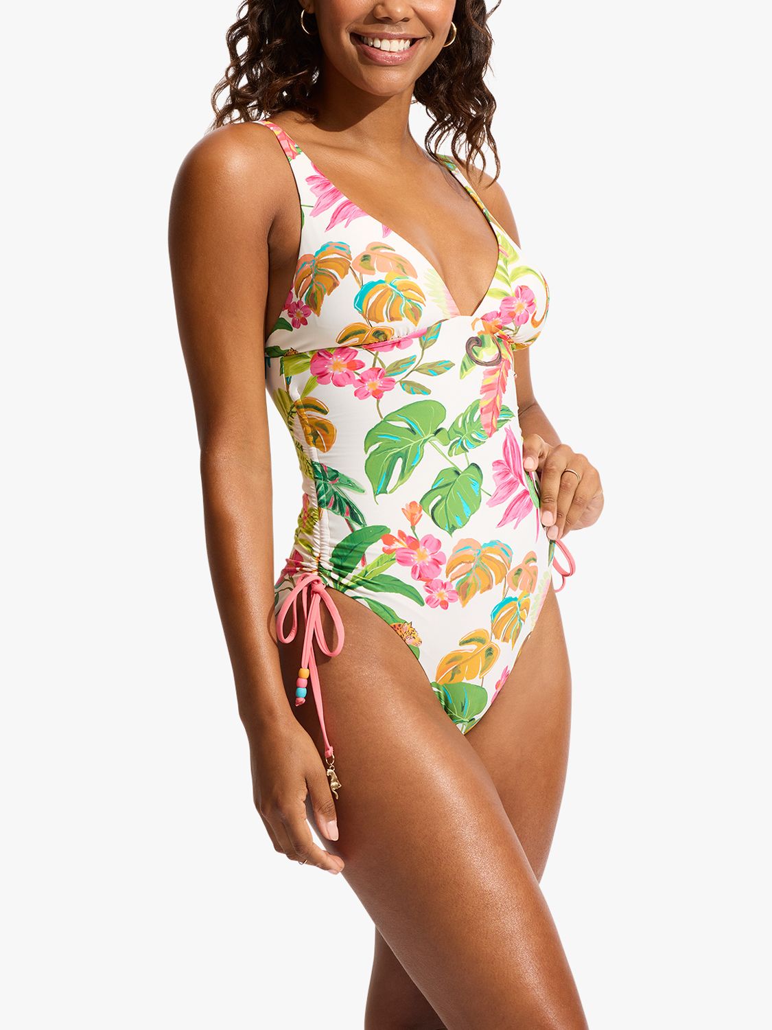 Seafolly Tropica Leaf Print Swimsuit, Ecru/Multi, 10