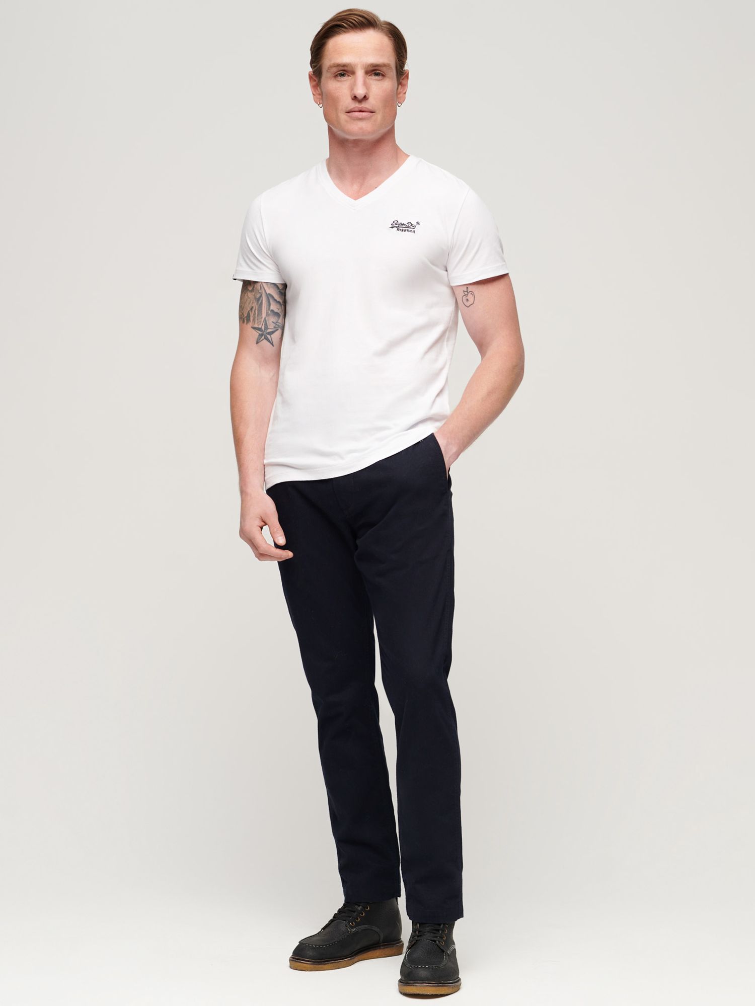 Superdry Organic Cotton Embroidered Logo V-Neck T-Shirt, White, L