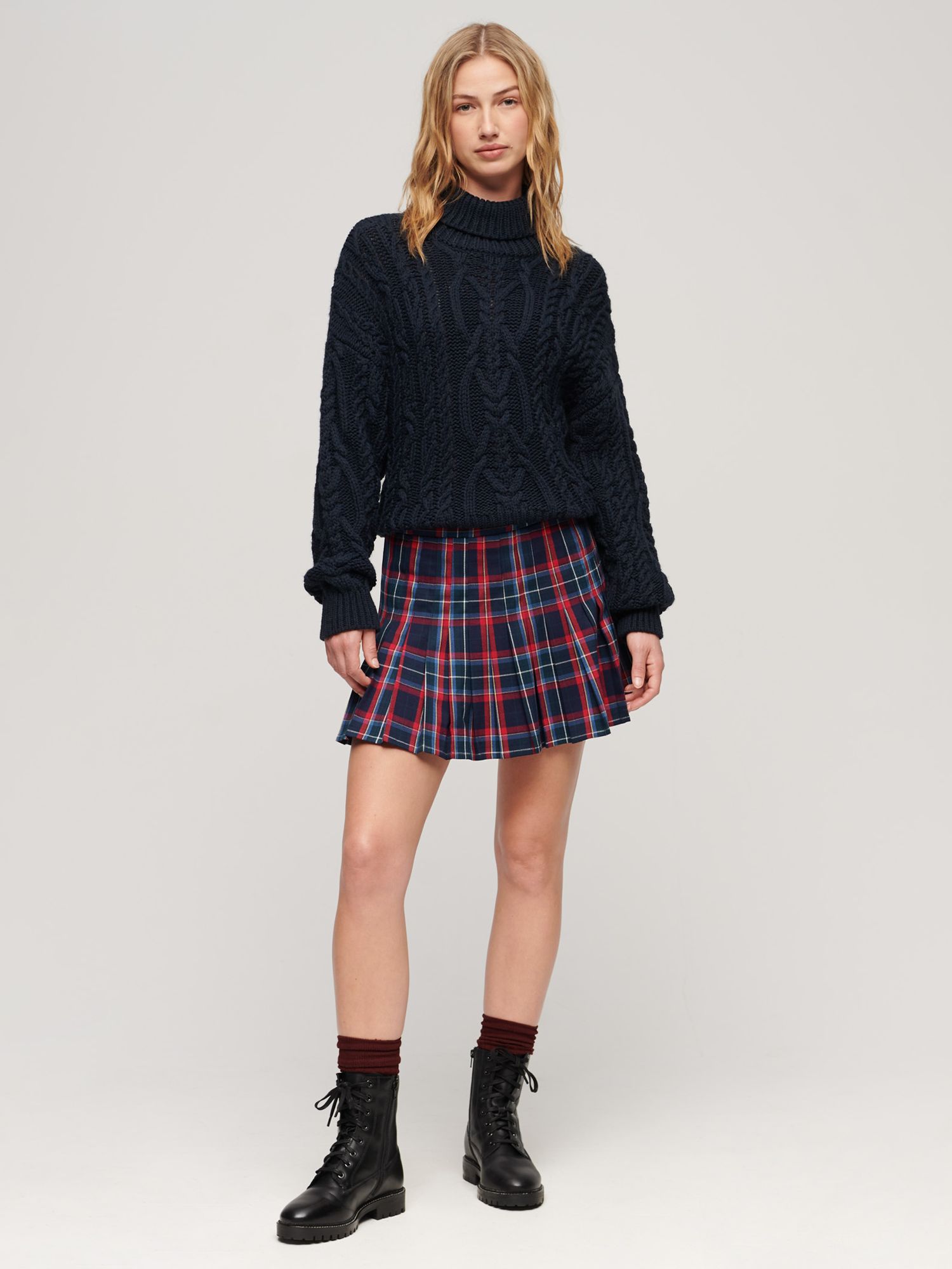Superdry Mid Rise Check Mini Skirt, Blue/Red at John Lewis & Partners